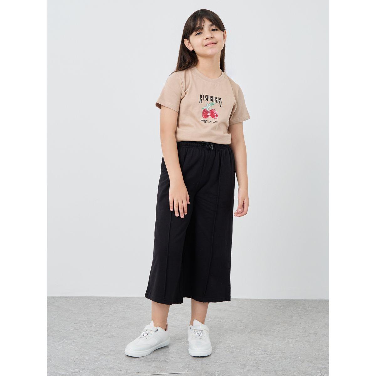 Styli Girls Black Solid Pintuck Wide Leg Culottes-girls-clothing-bottoms-trousers-image-2