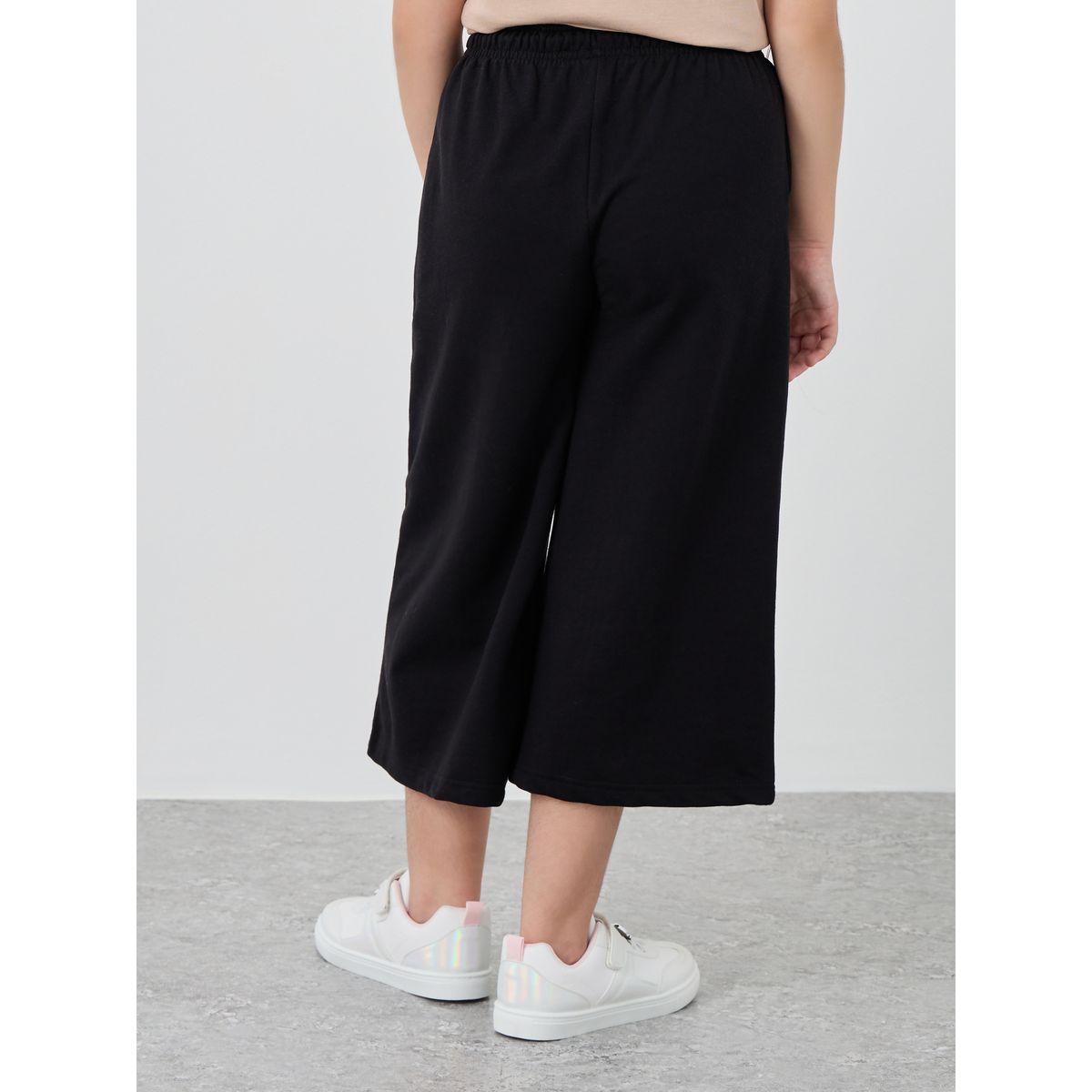 Styli Girls Black Solid Pintuck Wide Leg Culottes-girls-clothing-bottoms-trousers-image-4