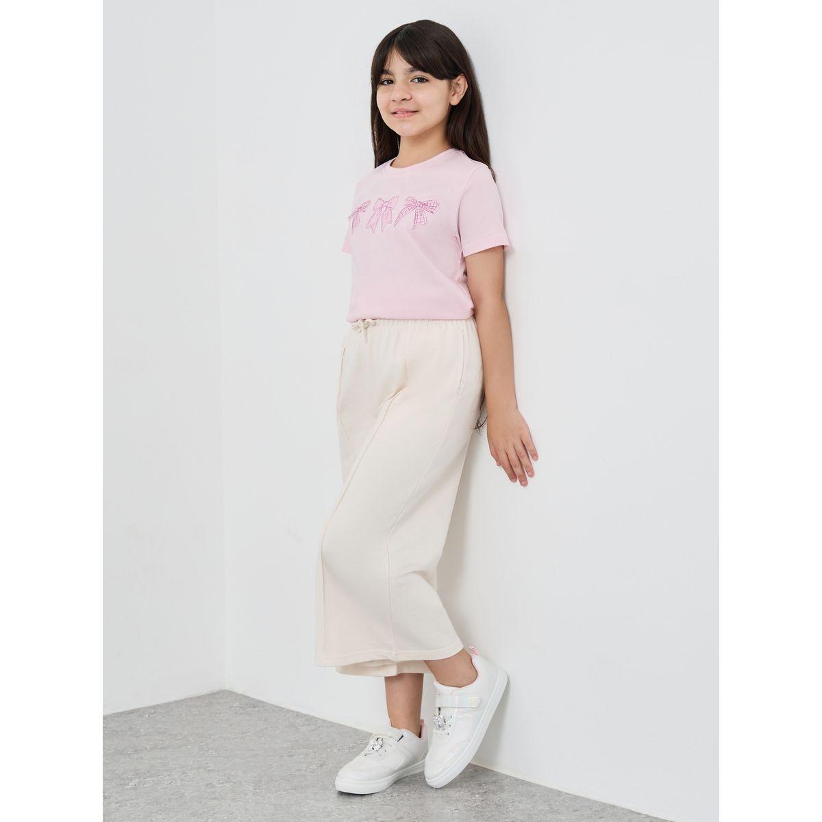 Styli Girls Beige Solid Pintuck Wide Leg Culottes-girls-clothing-bottoms-trousers-image-1