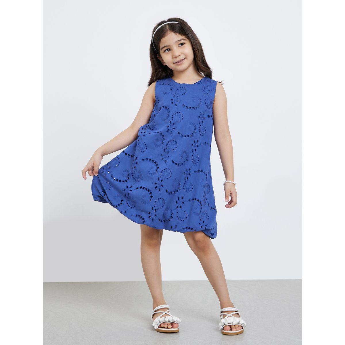 Styli Girls Blue Schiffli Sleeveless Dress with Balloon Hem-girls-clothing-dressesandjumpsuits-image-1