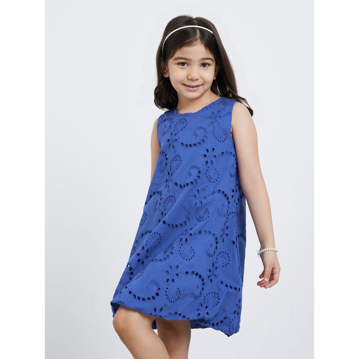 Styli Girls Blue Schiffli Sleeveless Dress with Balloon Hem-girls-clothing-dressesandjumpsuits-image-2
