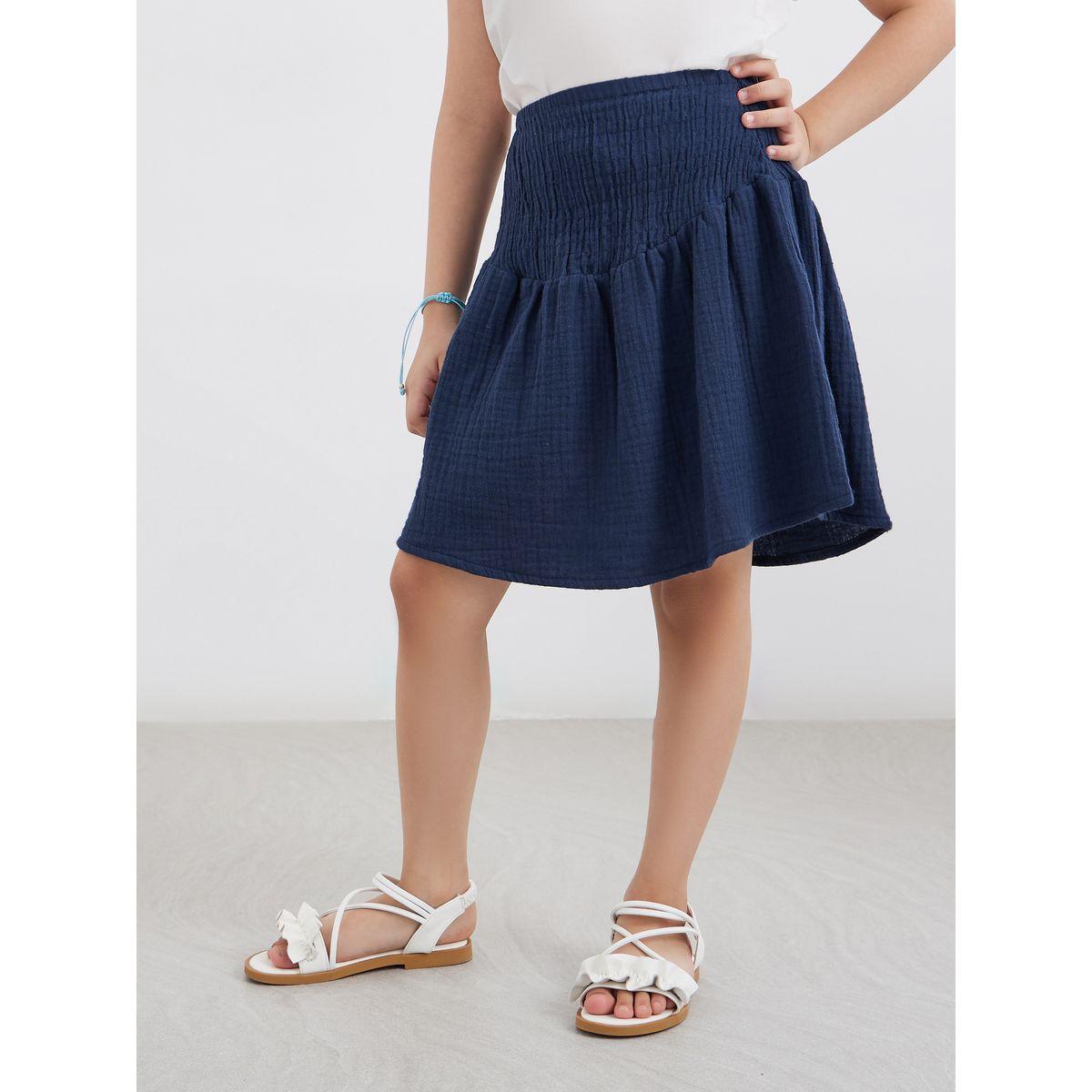 Styli Blue Flared Smocked Mini Skirt-girls-clothing-bottoms-skirts-image-1