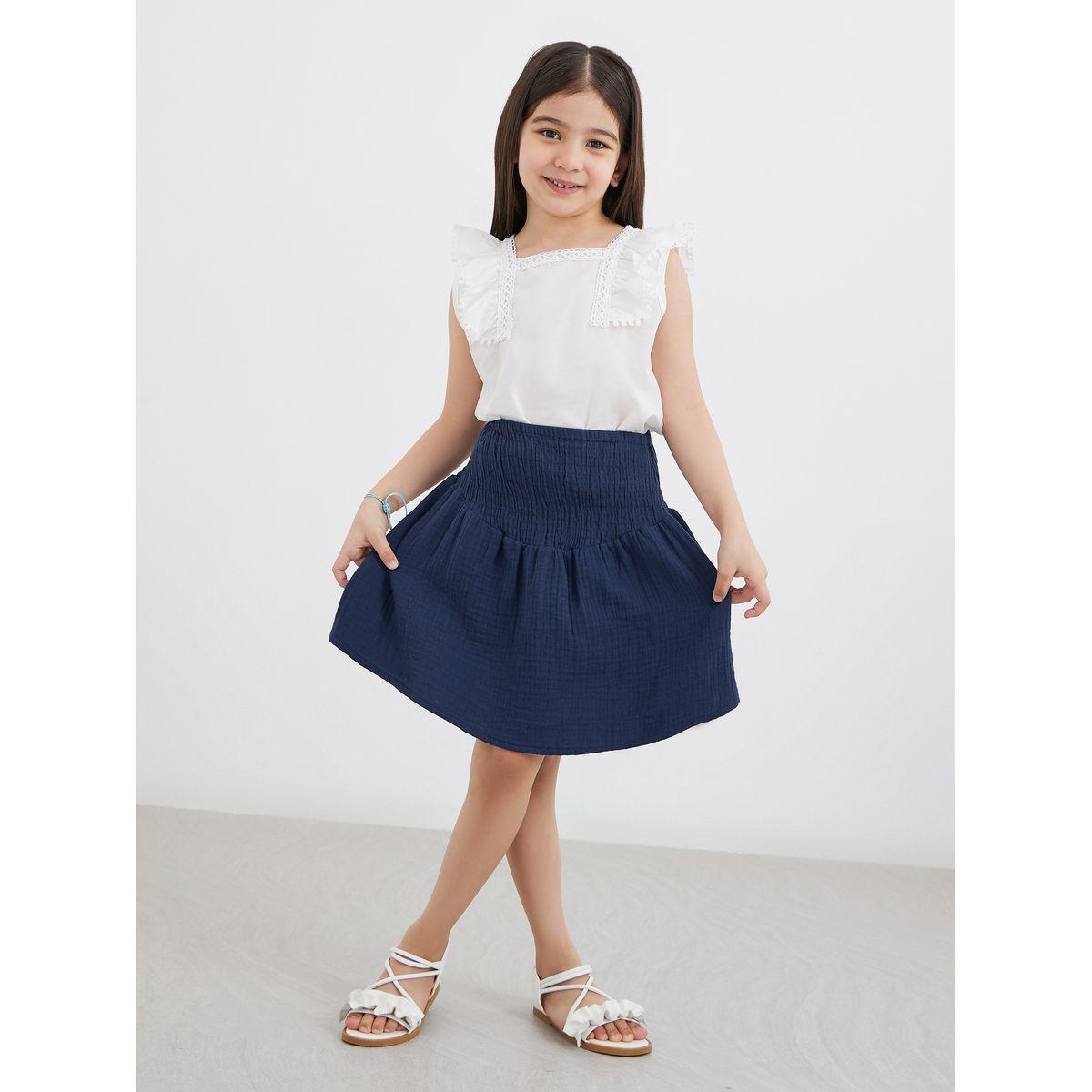 Styli Blue Flared Smocked Mini Skirt-girls-clothing-bottoms-skirts-image-2