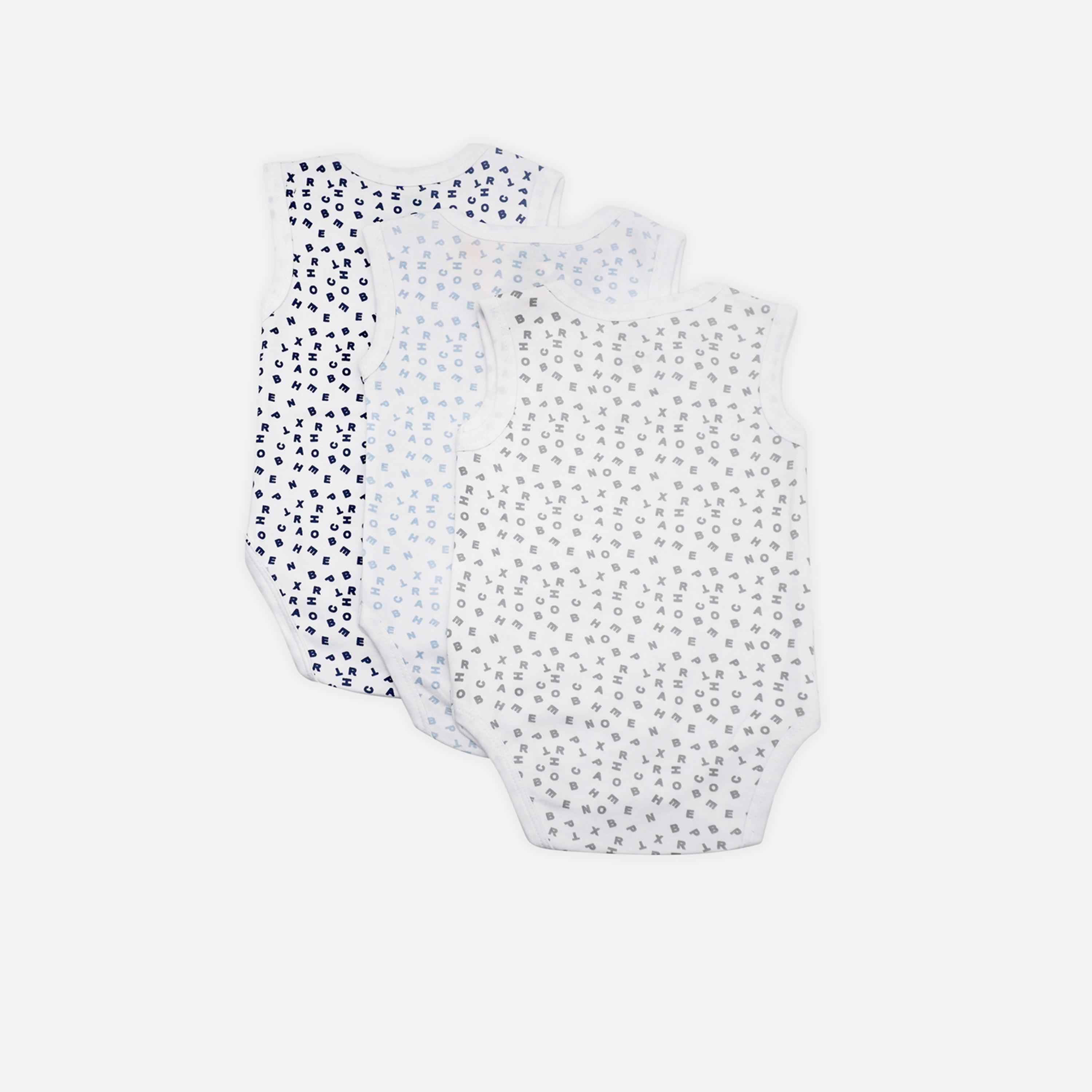 Babies Basic x Styli Pack of 3 - Printed Combed Cotton Sleeveless Bodysuit-boys-clothing-rompersanddungarees-image-2