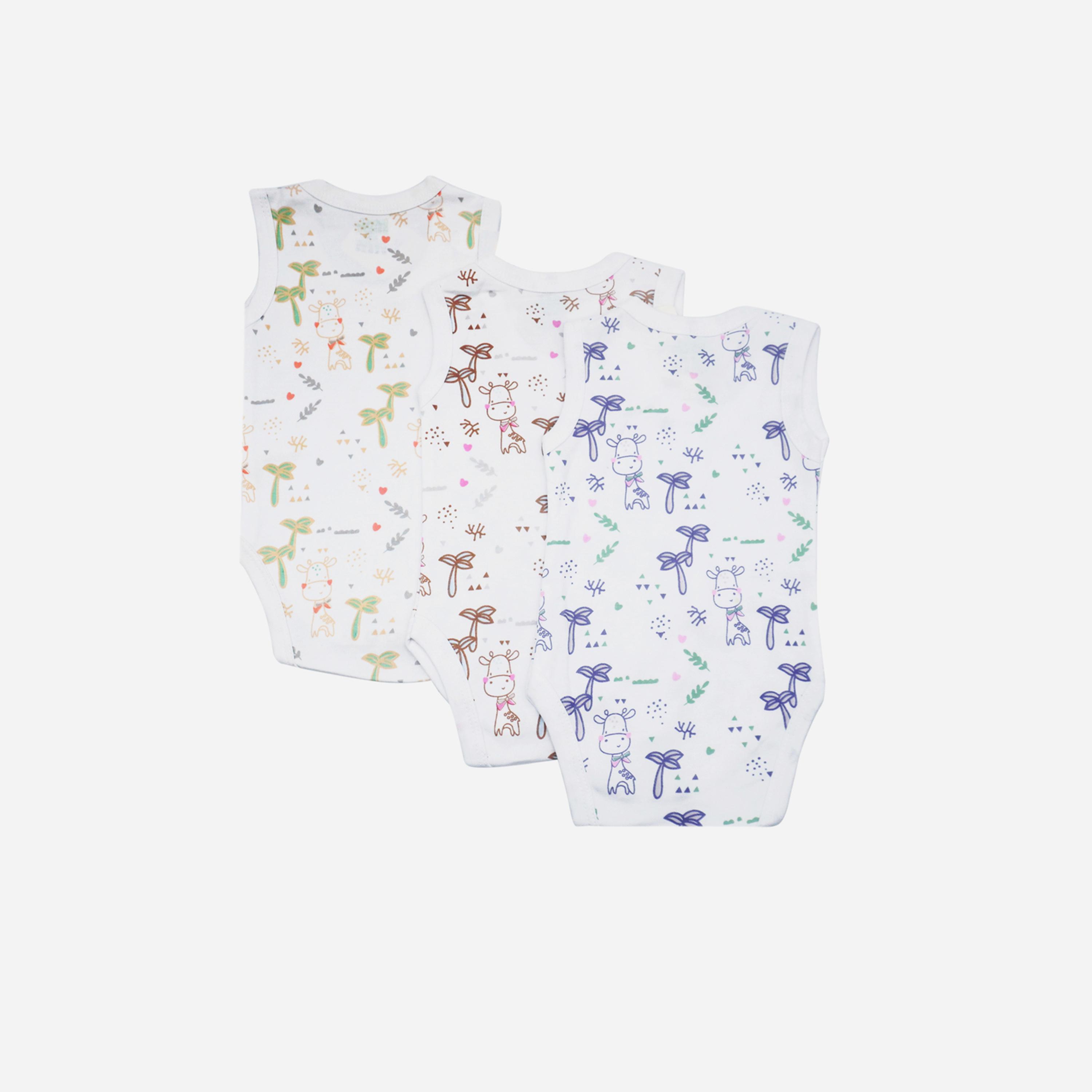 Babies Basic x Styli Pack of 3 - Printed Combed Cotton Sleeveless Bodysuit-boys-clothing-rompersanddungarees-image-2