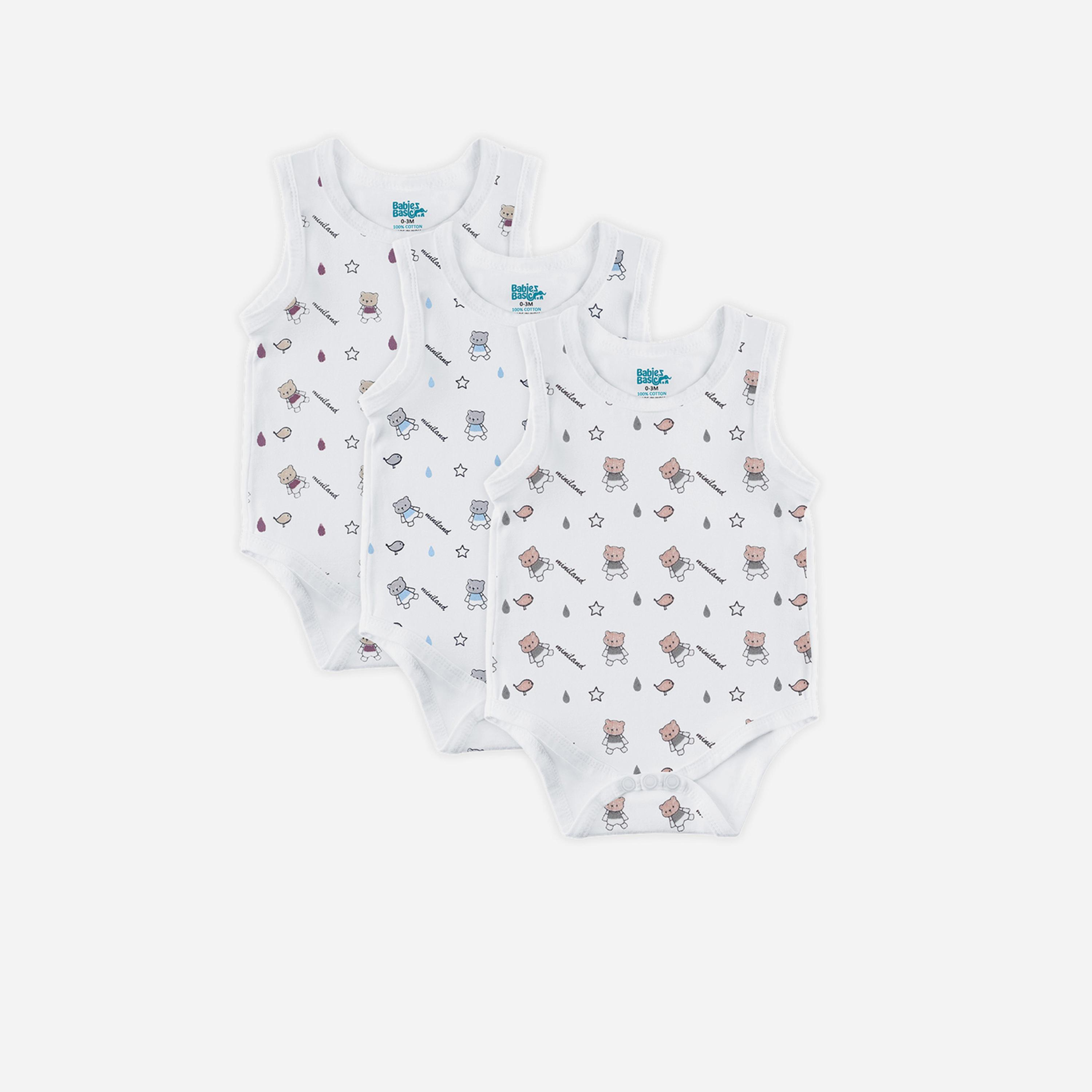 Babies Basic x Styli Pack of 3 - Printed Combed Cotton Sleeveless Bodysuit-boys-clothing-rompersanddungarees-image-1