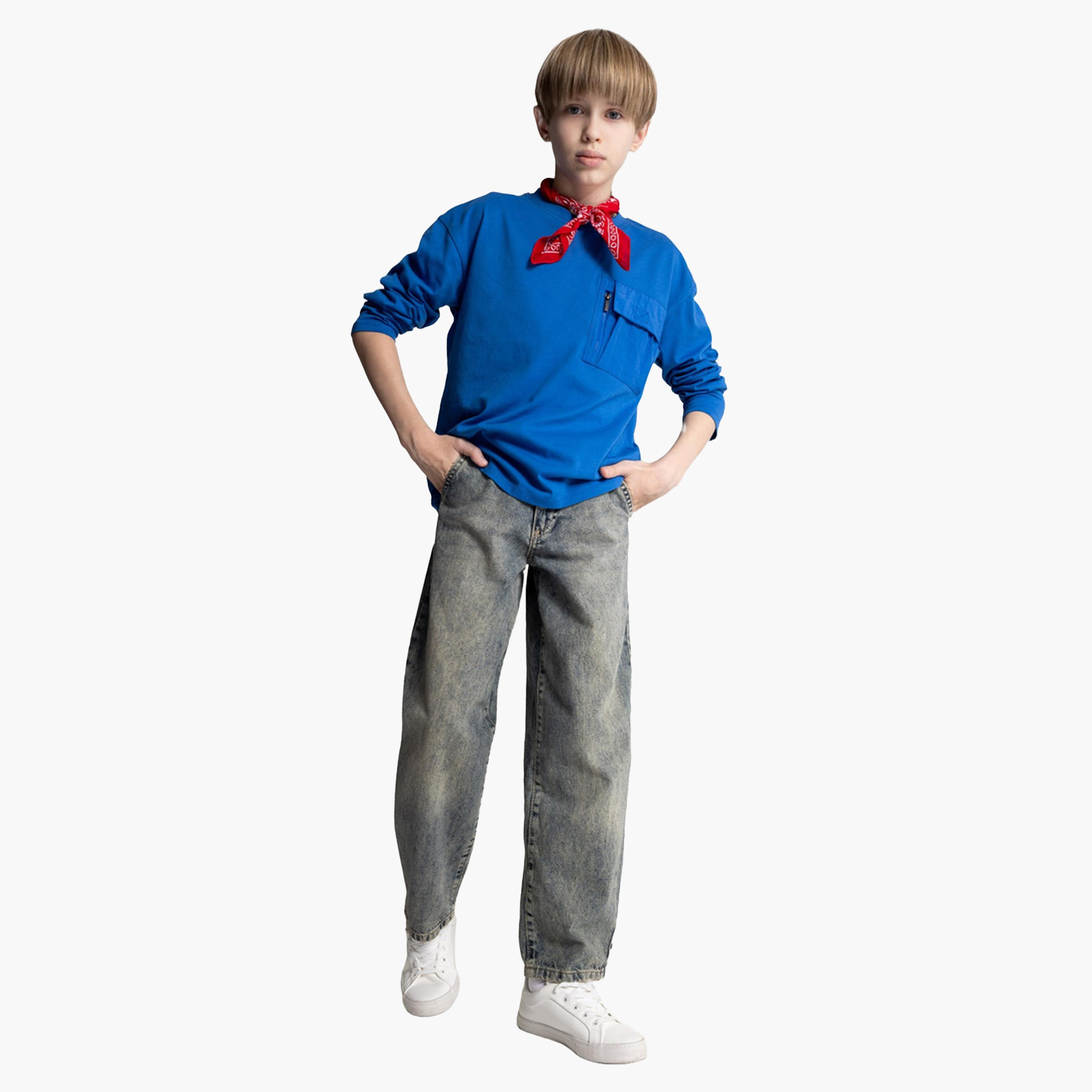 ديفاكتو × ستايلي-  تي شيرت قطني أزرق بأكمام طويلة للأطفال-boys-clothing-tshirtsandpolos-image-2