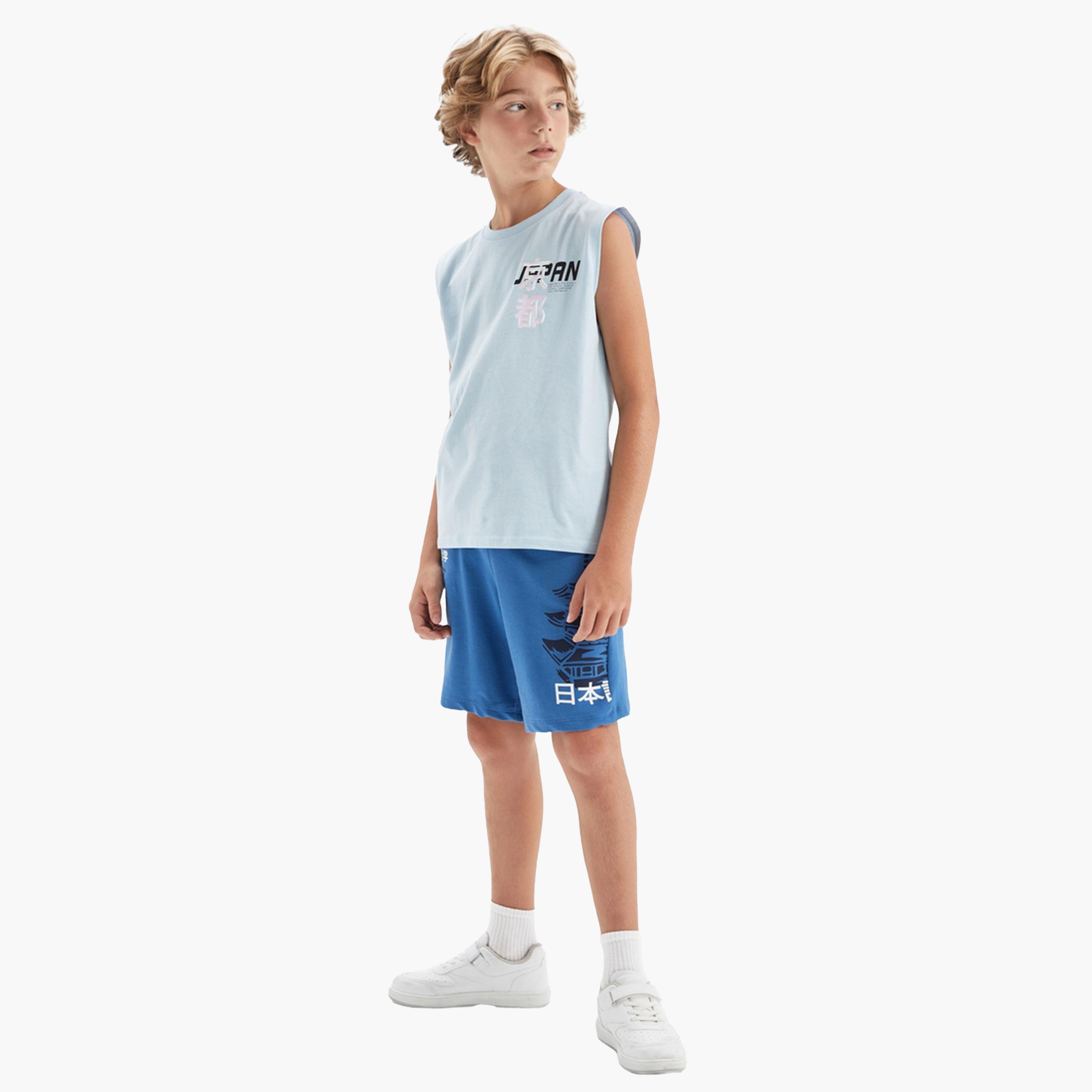 DeFacto X Styli Kids Blue Printed Logo Regular Fit Shorts-boys-clothing-bottoms-shorts-image-2