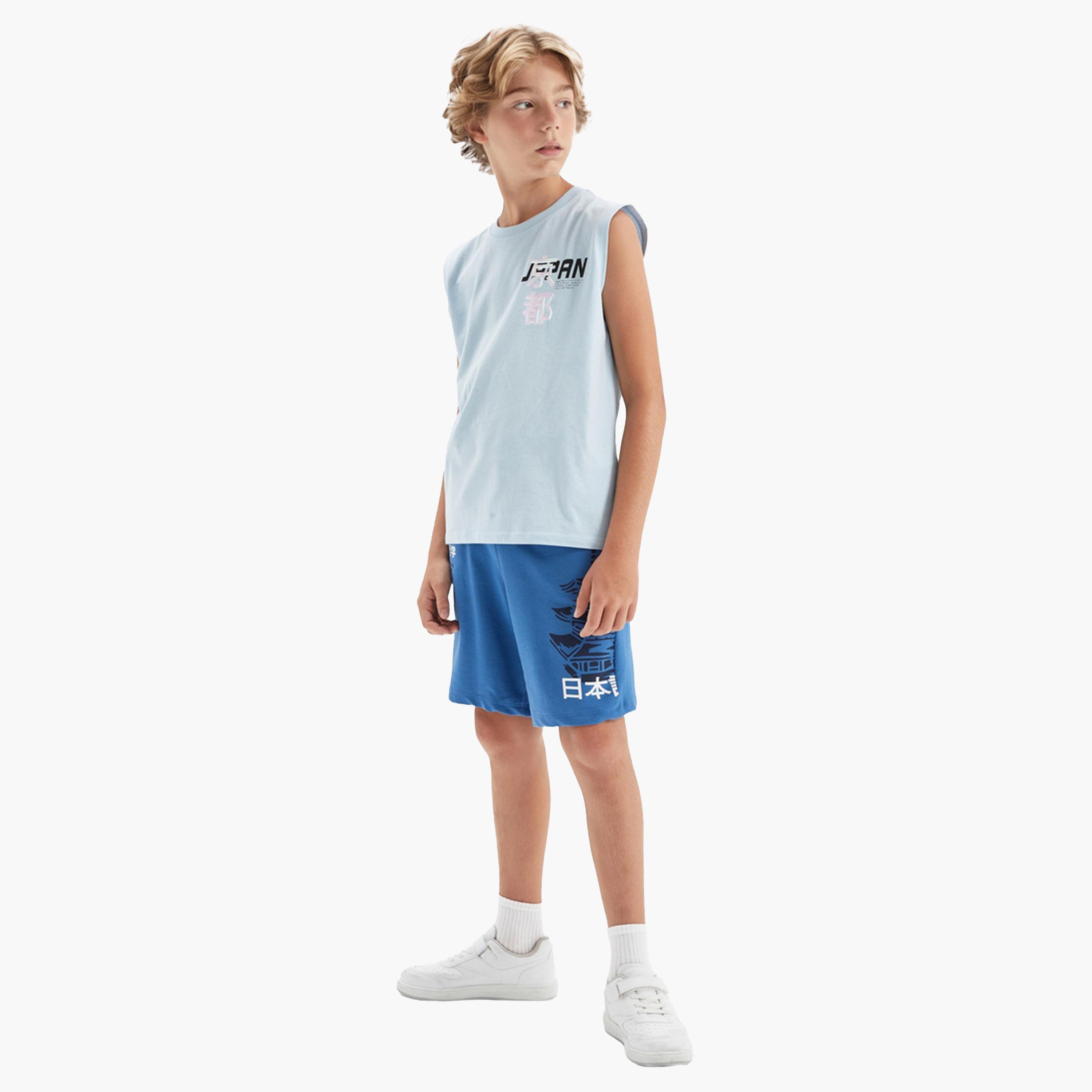 ديفاكتو × ستايلي-  شورت قصير قصّة عادية مطبوع عليه شعار للأطفال باللون الأزرق-boys-clothing-bottoms-shorts-image-6