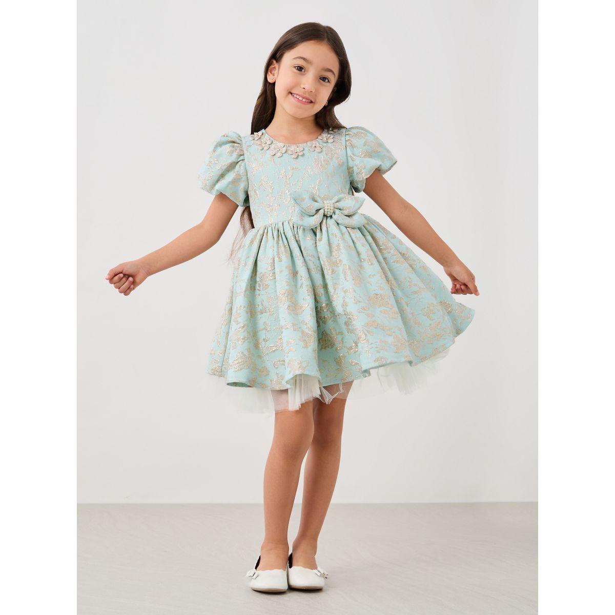 Styli Jacquard Puff Sleeve Round Neck Pleated Dress-girls-clothing-dressesandjumpsuits-image-1