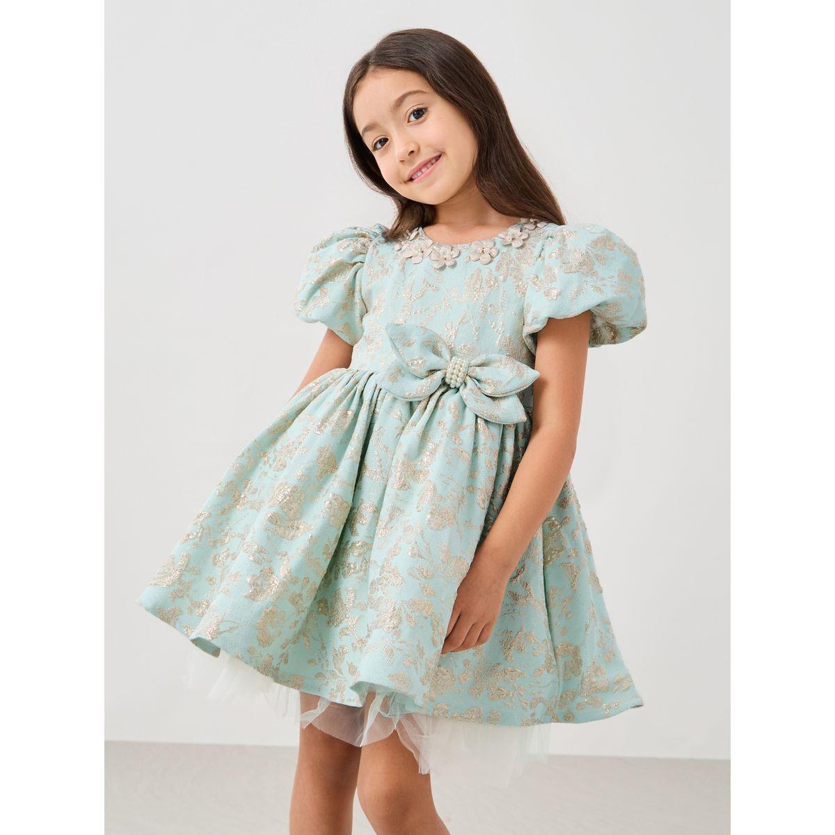فستان جاكار بأكمام منفوخة وكسرات-girls-clothing-dressesandjumpsuits-image-2