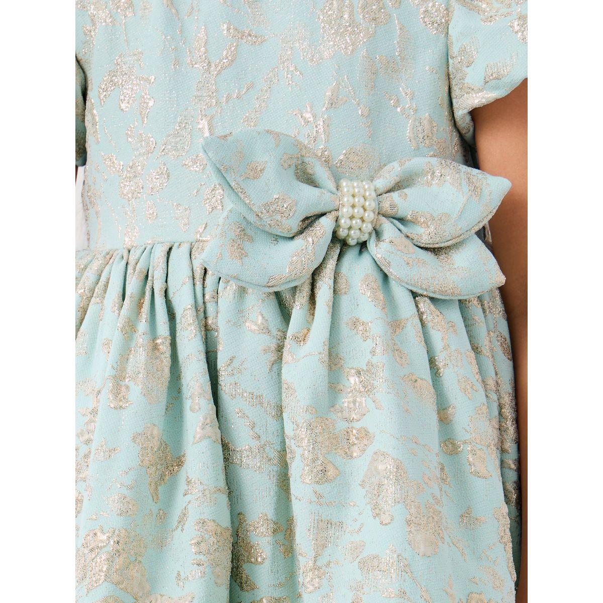 Styli Jacquard Puff Sleeve Round Neck Pleated Dress-girls-clothing-dressesandjumpsuits-image-3