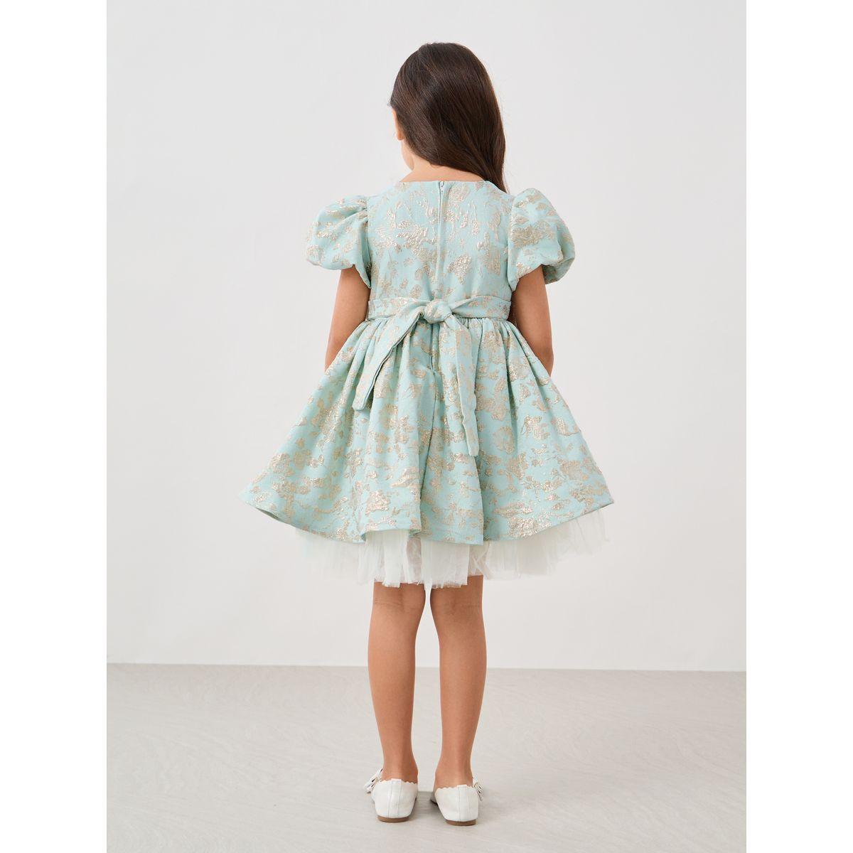 فستان جاكار بأكمام منفوخة وكسرات-girls-clothing-dressesandjumpsuits-image-4
