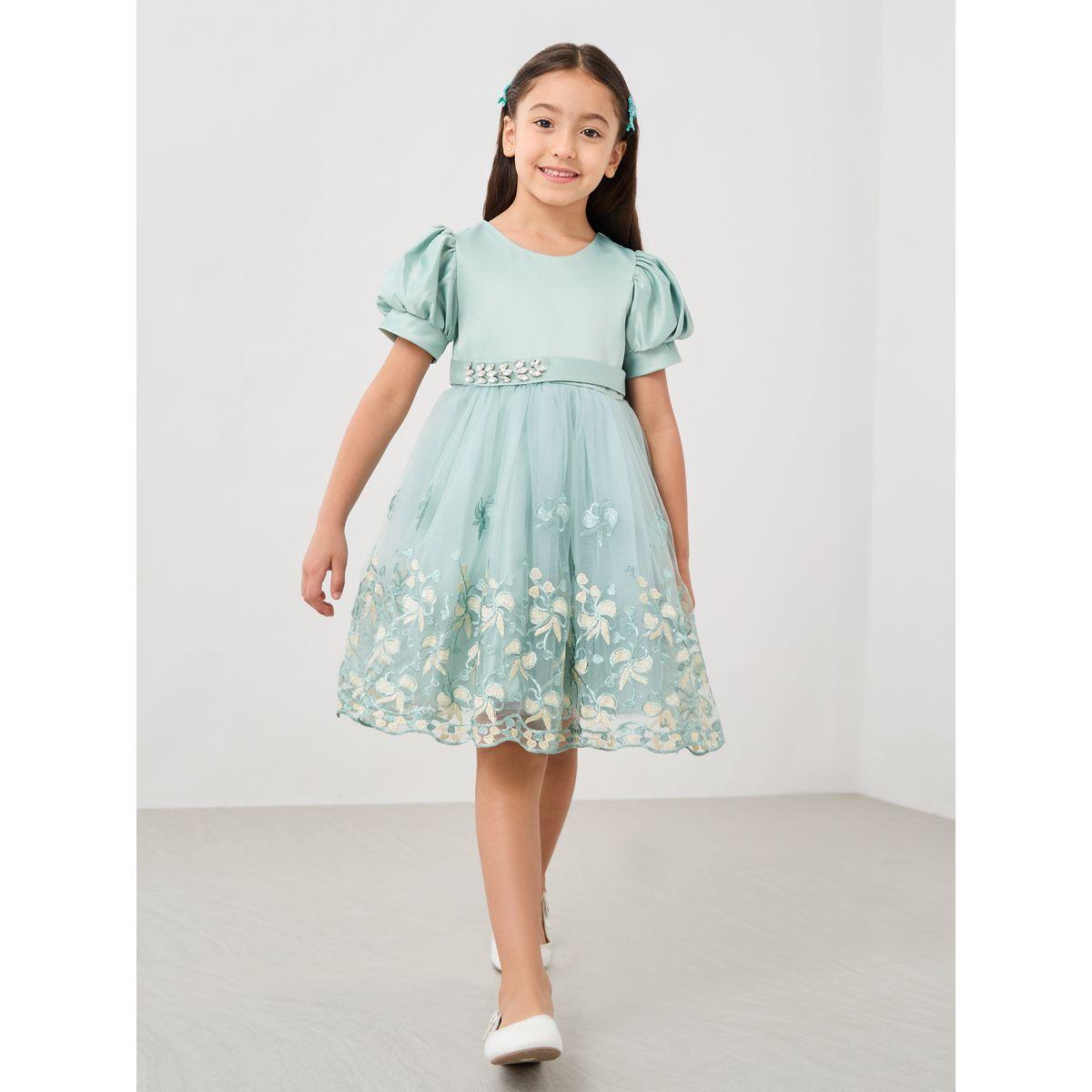 فستان بأكمام منفوخة وحافة بدانتيل مع حزام منمق-girls-clothing-dressesandjumpsuits-image-1