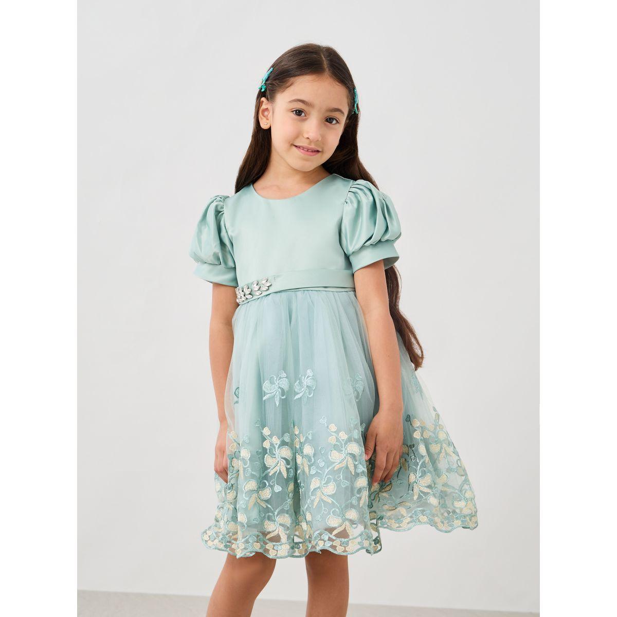 فستان بأكمام منفوخة وحافة بدانتيل مع حزام منمق-girls-clothing-dressesandjumpsuits-image-2
