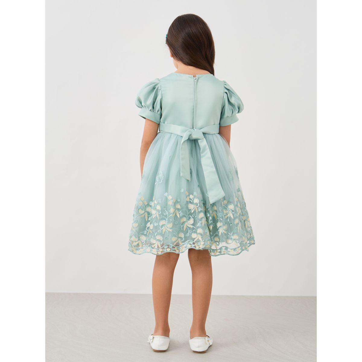 فستان بأكمام منفوخة وحافة بدانتيل مع حزام منمق-girls-clothing-dressesandjumpsuits-image-4