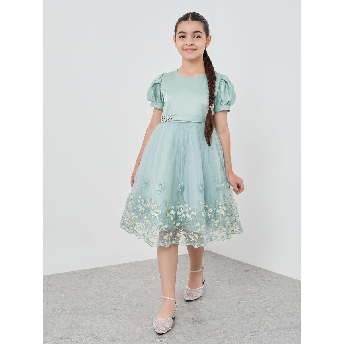 Styli Girls Embroidered Puff Sleeves Mesh Dress-girls-clothing-dressesandjumpsuits-image-1