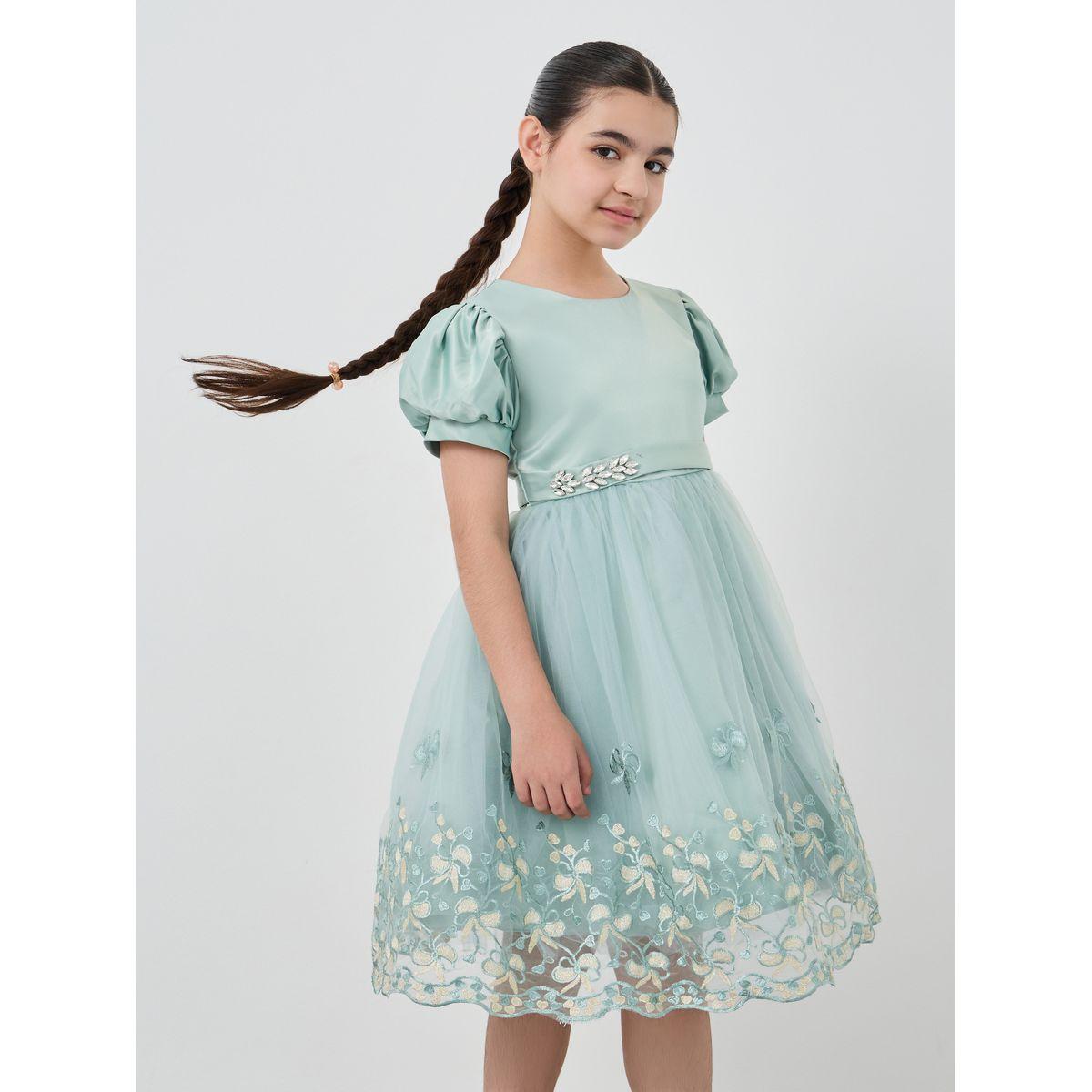 Styli Girls Embroidered Puff Sleeves Mesh Dress-girls-clothing-dressesandjumpsuits-image-2