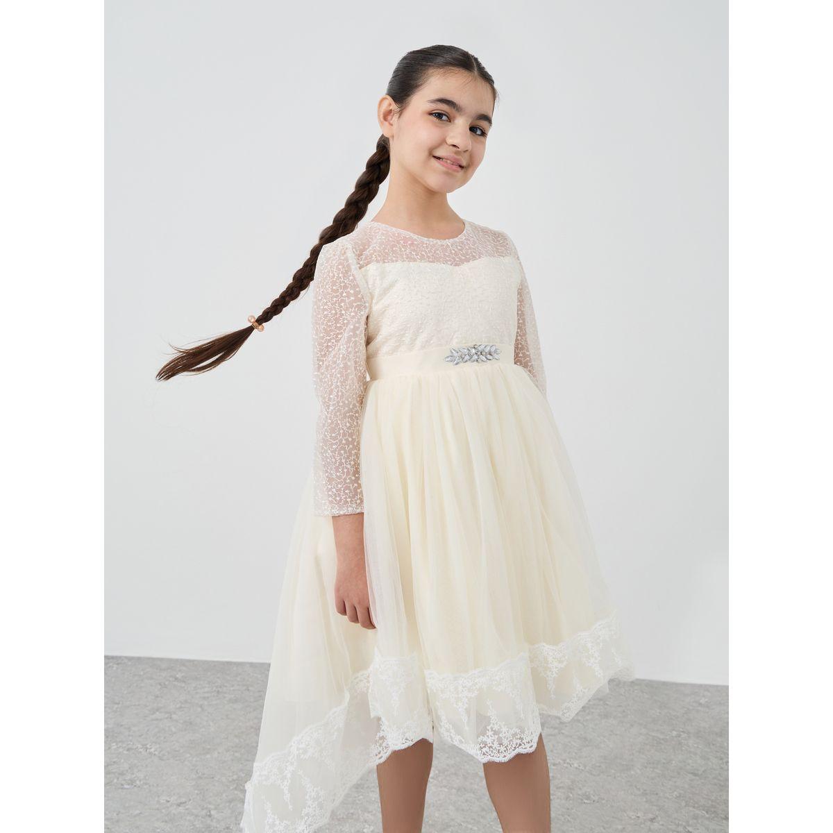 Styli Girls Off White Embroidered High Low Hem Mesh Dress-girls-clothing-dressesandjumpsuits-image-2