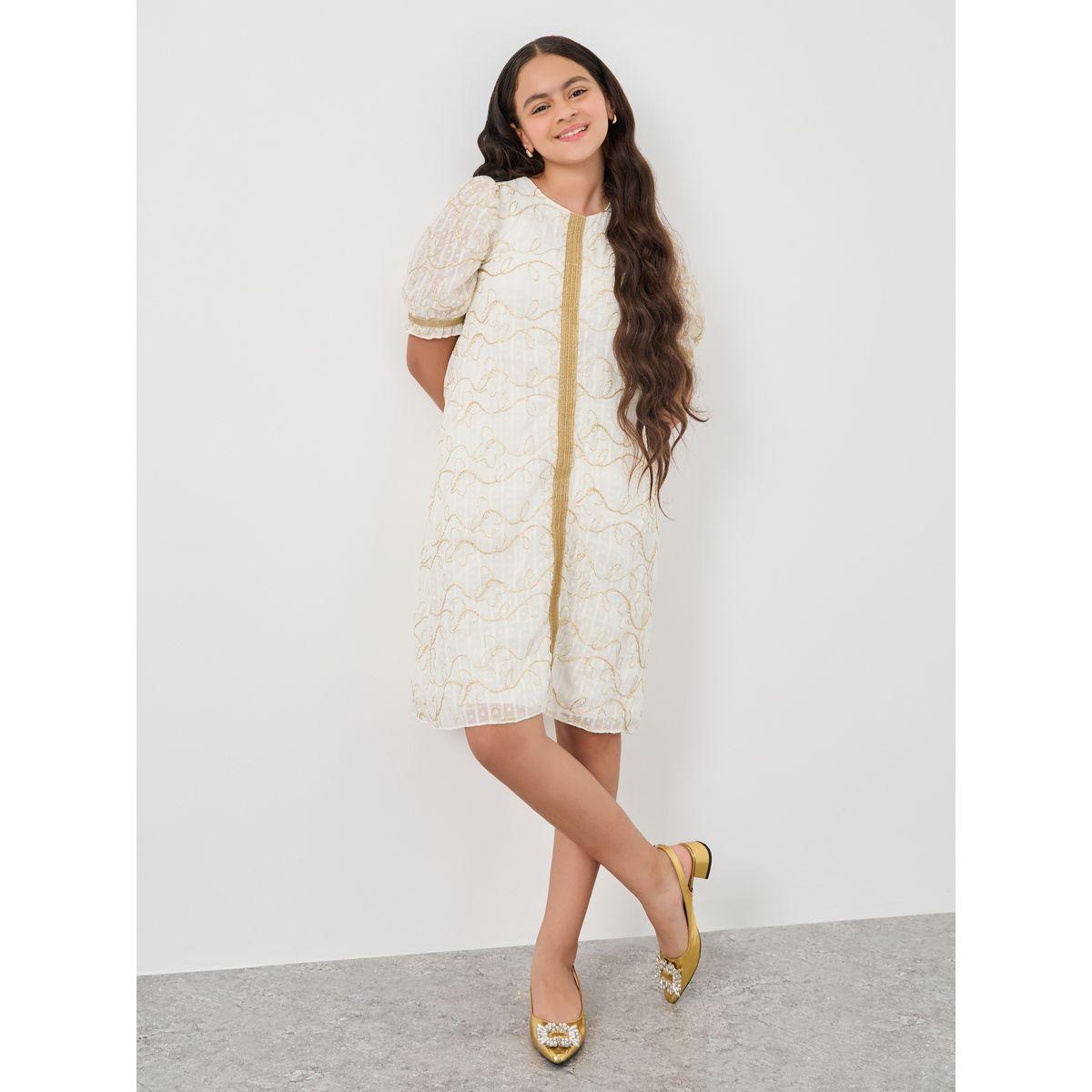 فستان ميدي بأكمام منفوخة وتفاصيل دانتيل-girls-clothing-dressesandjumpsuits-image-1