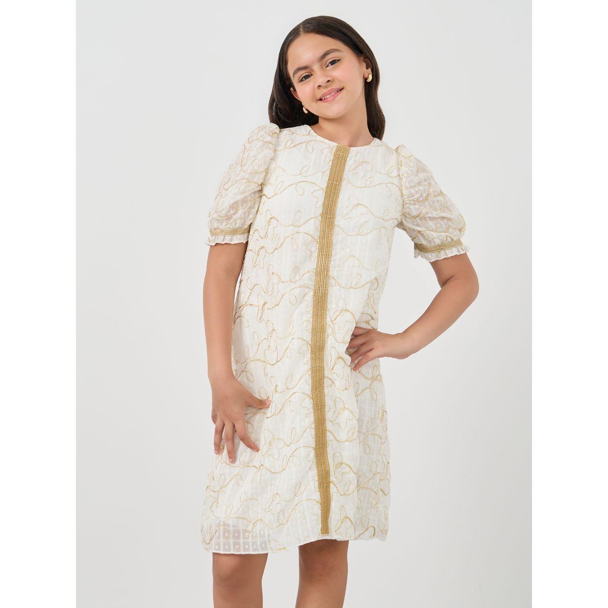 فستان ميدي بأكمام منفوخة وتفاصيل دانتيل-girls-clothing-dressesandjumpsuits-image-2