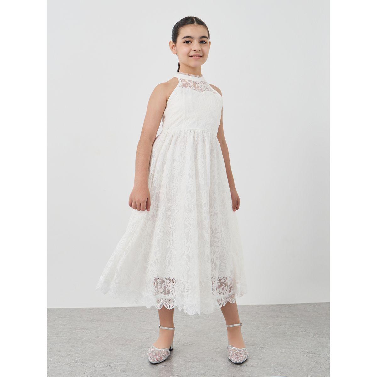 Styli Girls Off White Lace Halter Neck Dress-girls-clothing-dressesandjumpsuits-image-1