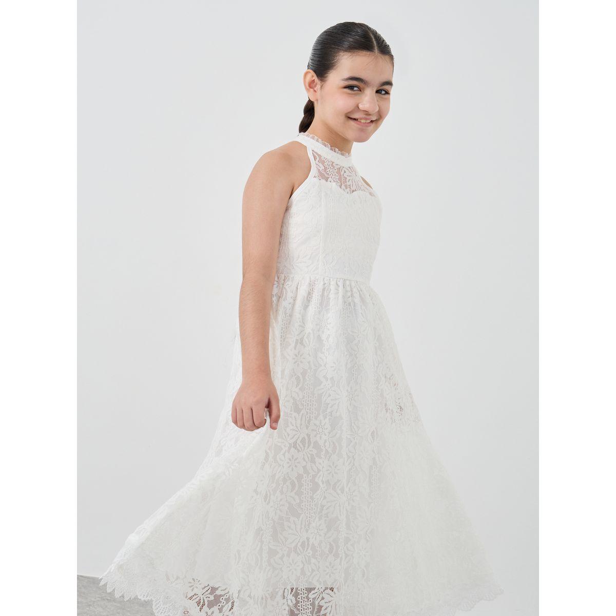 Styli Girls Off White Lace Halter Neck Dress-girls-clothing-dressesandjumpsuits-image-2