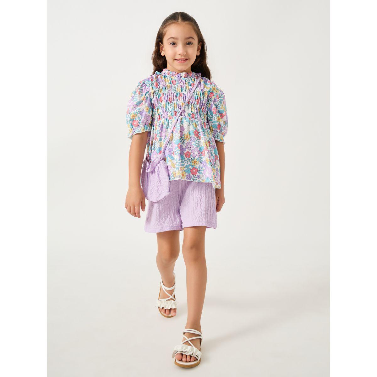 Styli Printed Smocked Detail Top and Shorts Set-girls-clothing-setsandcoords-image-1
