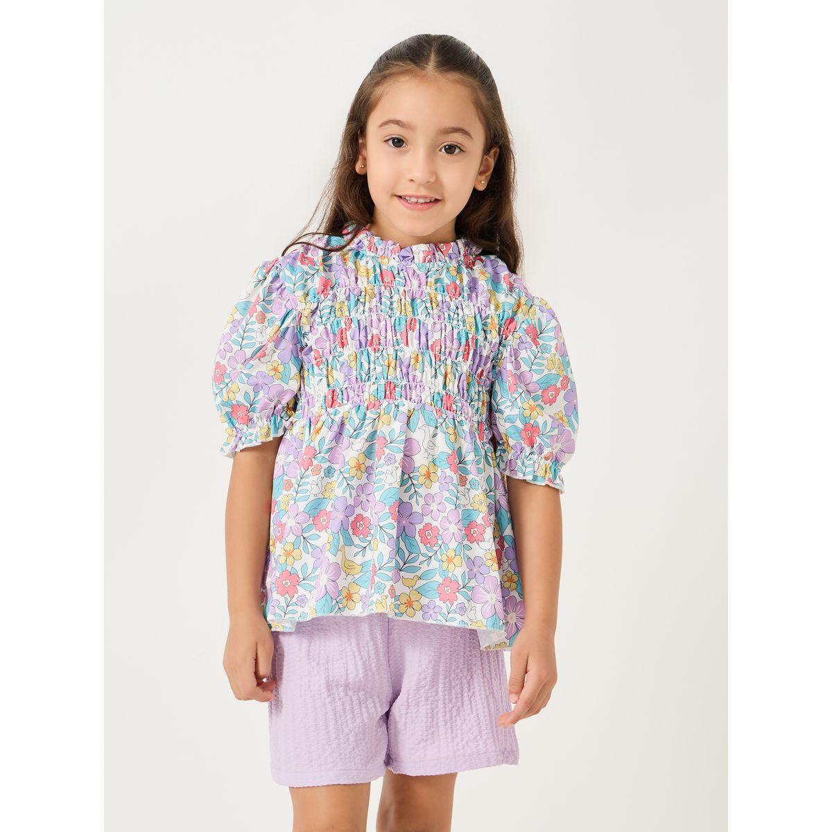 Styli Printed Smocked Detail Top and Shorts Set-girls-clothing-setsandcoords-image-2