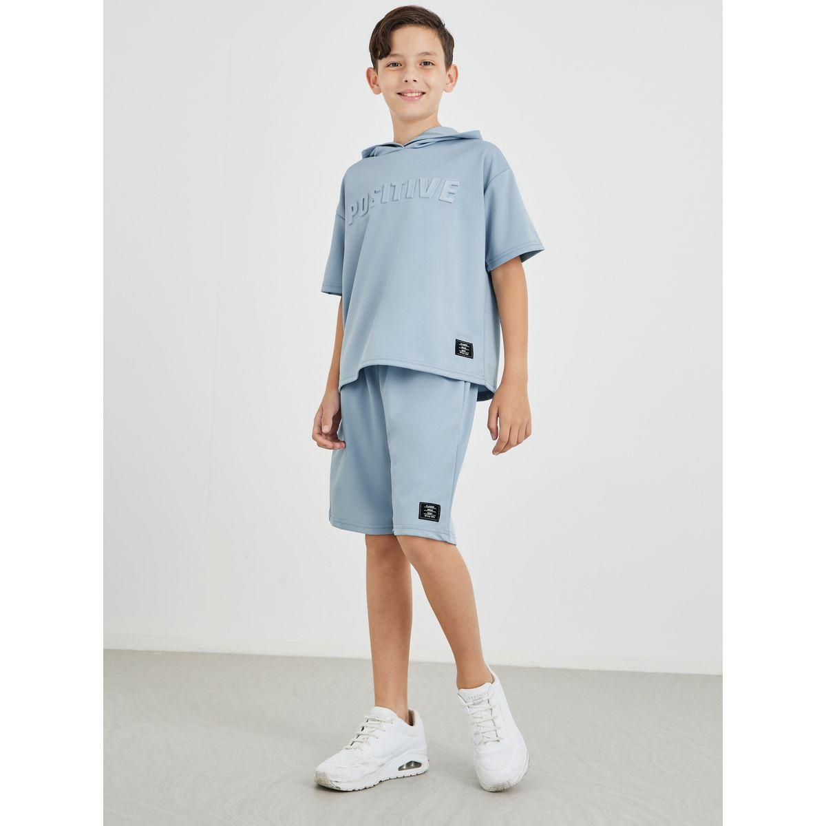 Styli Boys Blue Typography Detail Hooded T-Shirt and Shorts Set-boys-clothing-setsandcoords-image-1