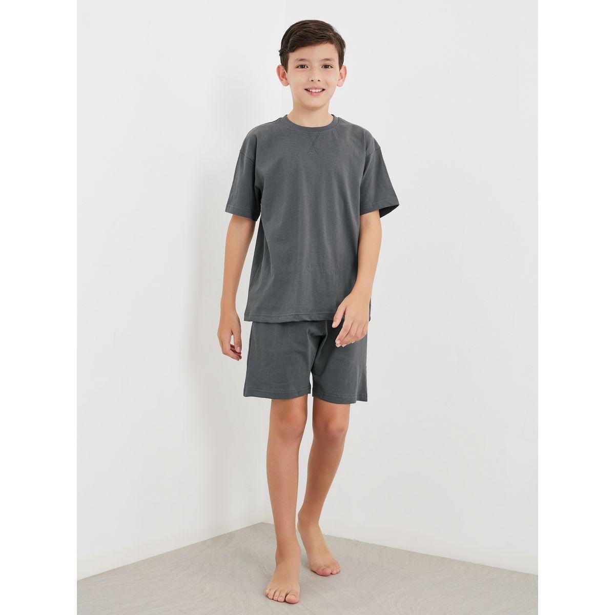 Styli Solid Cotton T-Shirt and Shorts Set-boys-clothing-nightwear-image-1