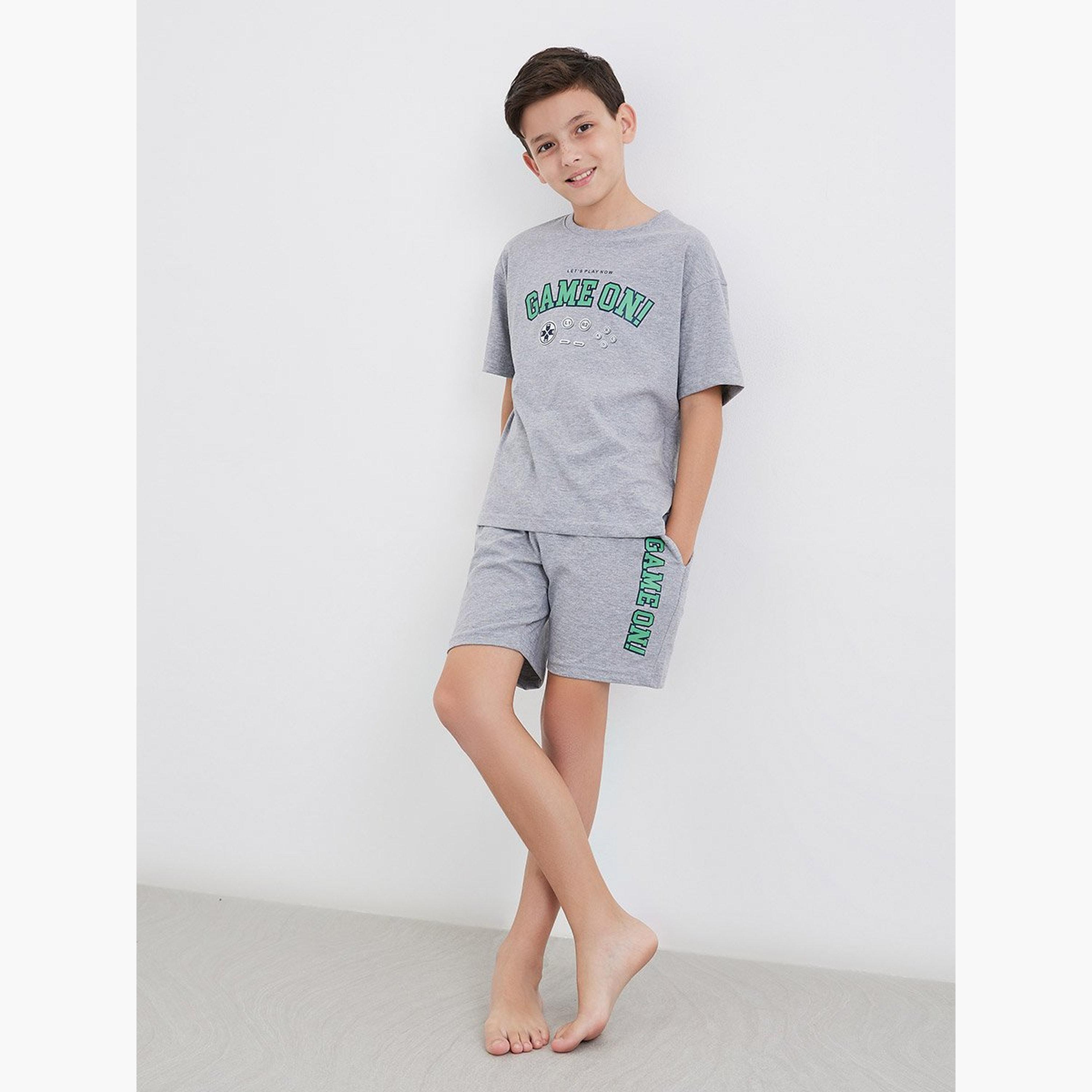 Styli Graphic Print Cotton T-Shirt and Shorts Set-boys-clothing-nightwear-image-1