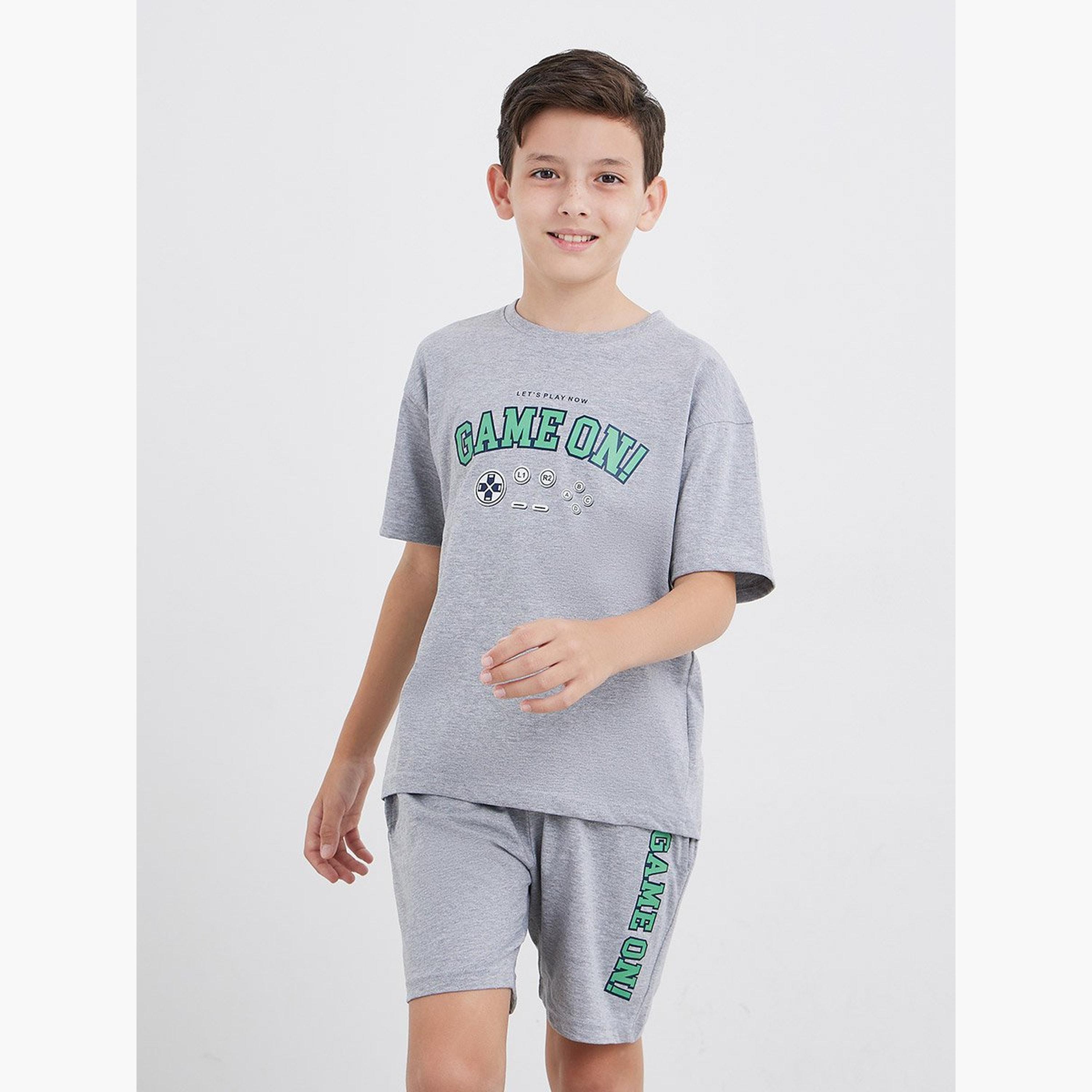 Styli Graphic Print Cotton T-Shirt and Shorts Set-boys-clothing-nightwear-image-2