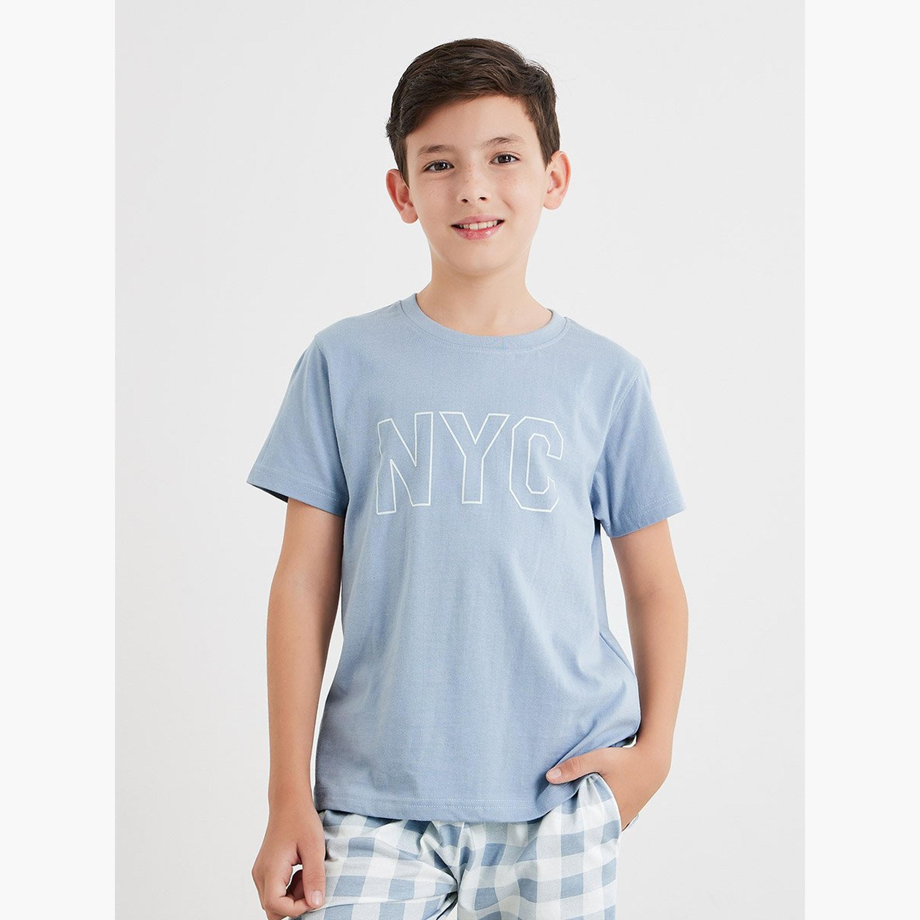 Styli NYC Print T-Shirt and Checked Shorts Set-boys-clothing-nightwear-image-2