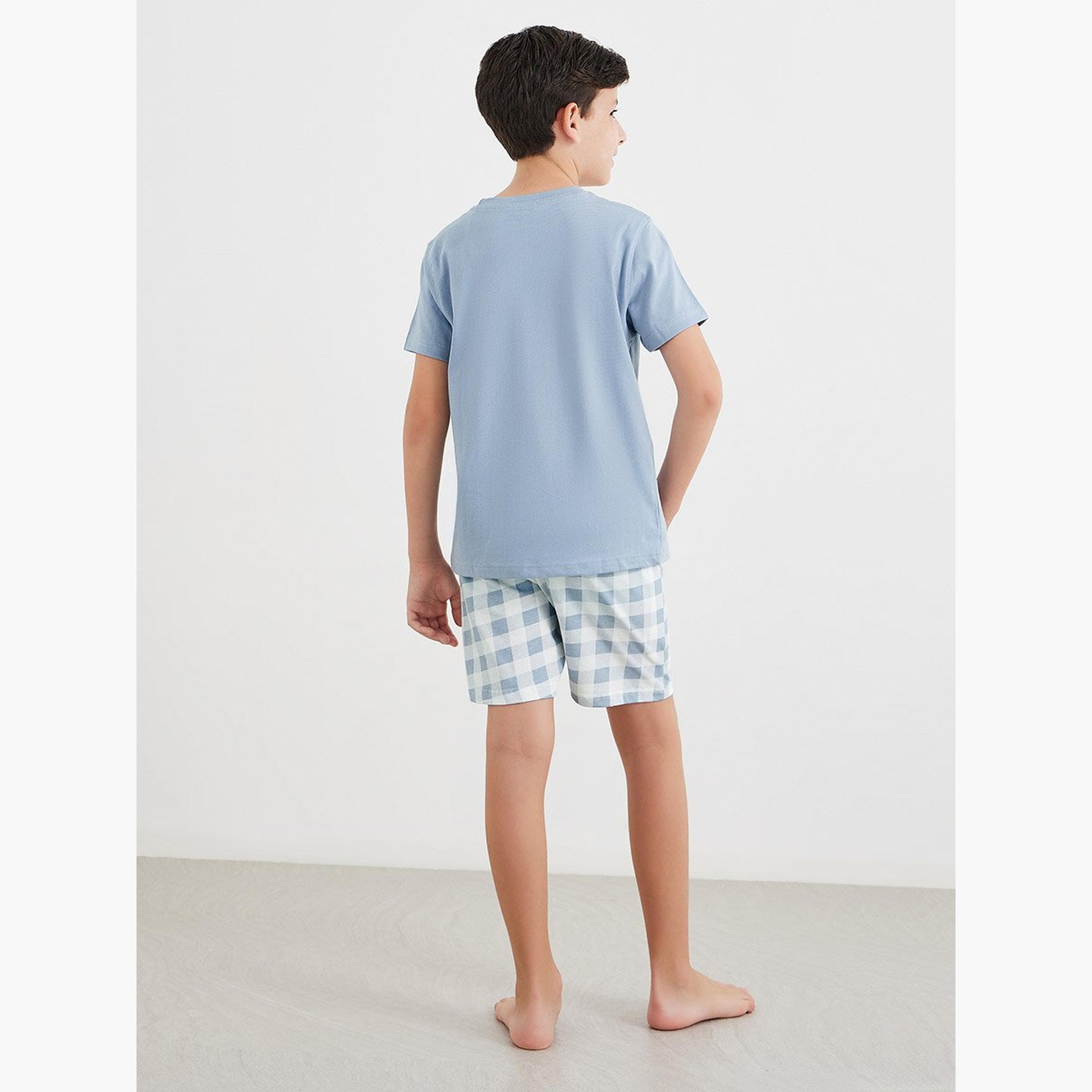 Styli NYC Print T-Shirt and Checked Shorts Set-boys-clothing-nightwear-image-5