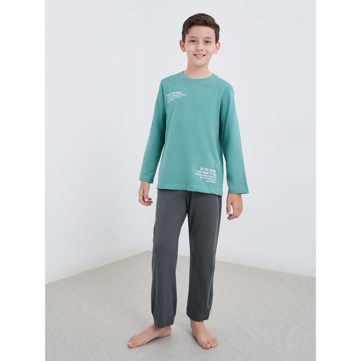 Styli Slogan Print Cotton T-Shirt and Pyjama Set-boys-clothing-nightwear-image-1