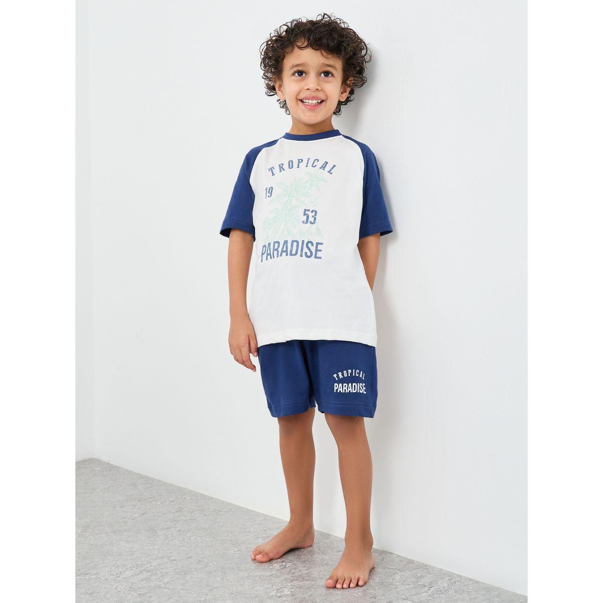 Styli Boys Slogan Print Short Sleeve T-Shirt and Shorts Set-boys-clothing-nightwear-image-1