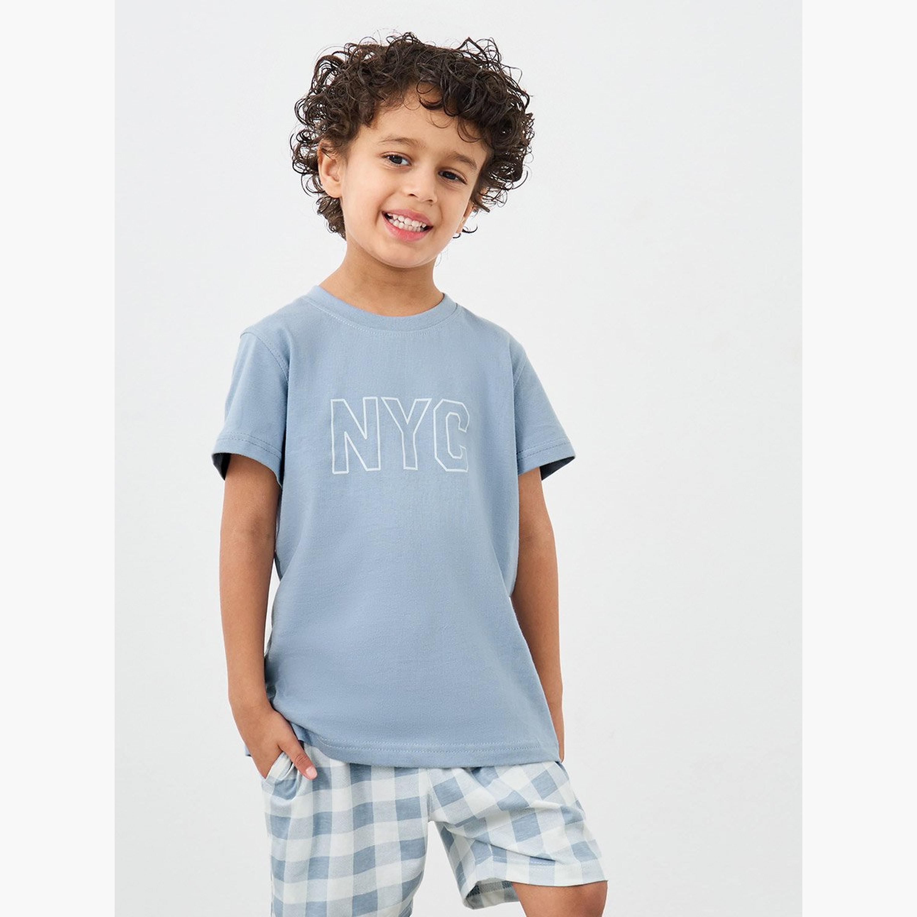 Styli NYC Print T-Shirt and Checked Shorts Set-boys-clothing-nightwear-image-2