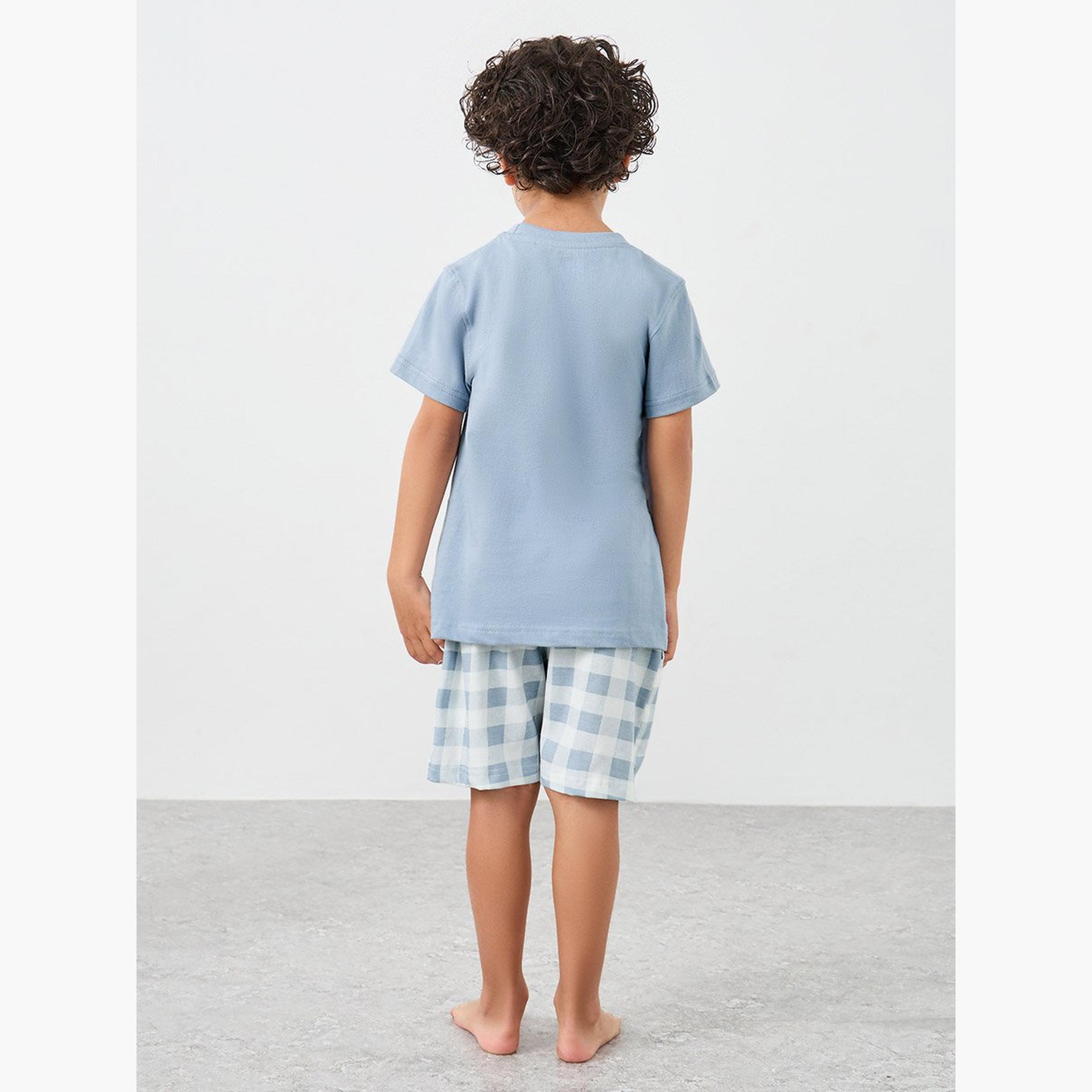 Styli NYC Print T-Shirt and Checked Shorts Set-boys-clothing-nightwear-image-5