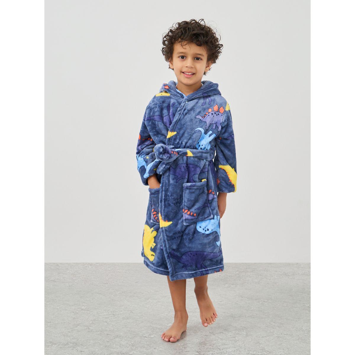 Styli Boys Dinosaur Print Hooded Bathrobe with Pockets-boys-clothing-nightwear-image-1