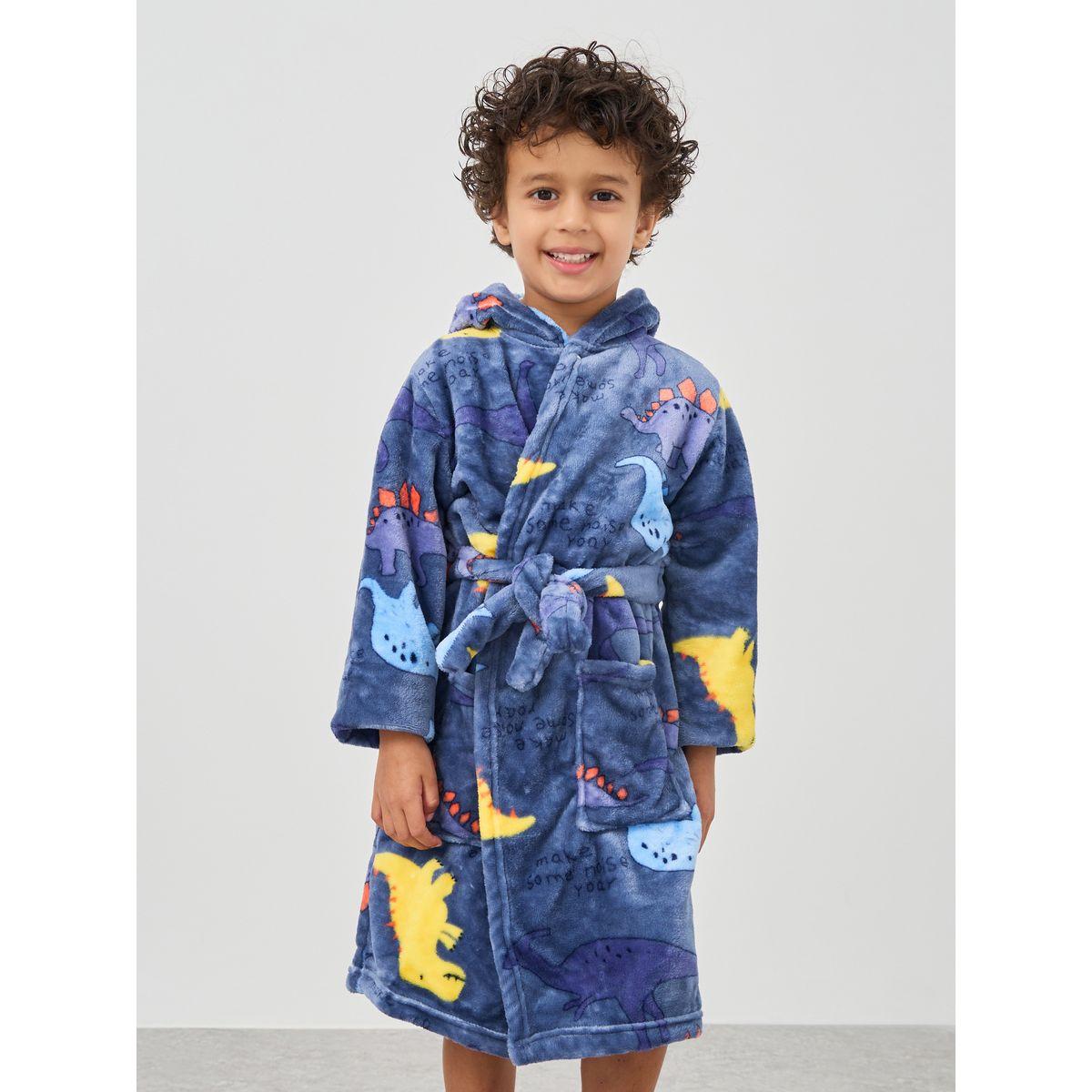 Styli Boys Dinosaur Print Hooded Bathrobe with Pockets-boys-clothing-nightwear-image-2