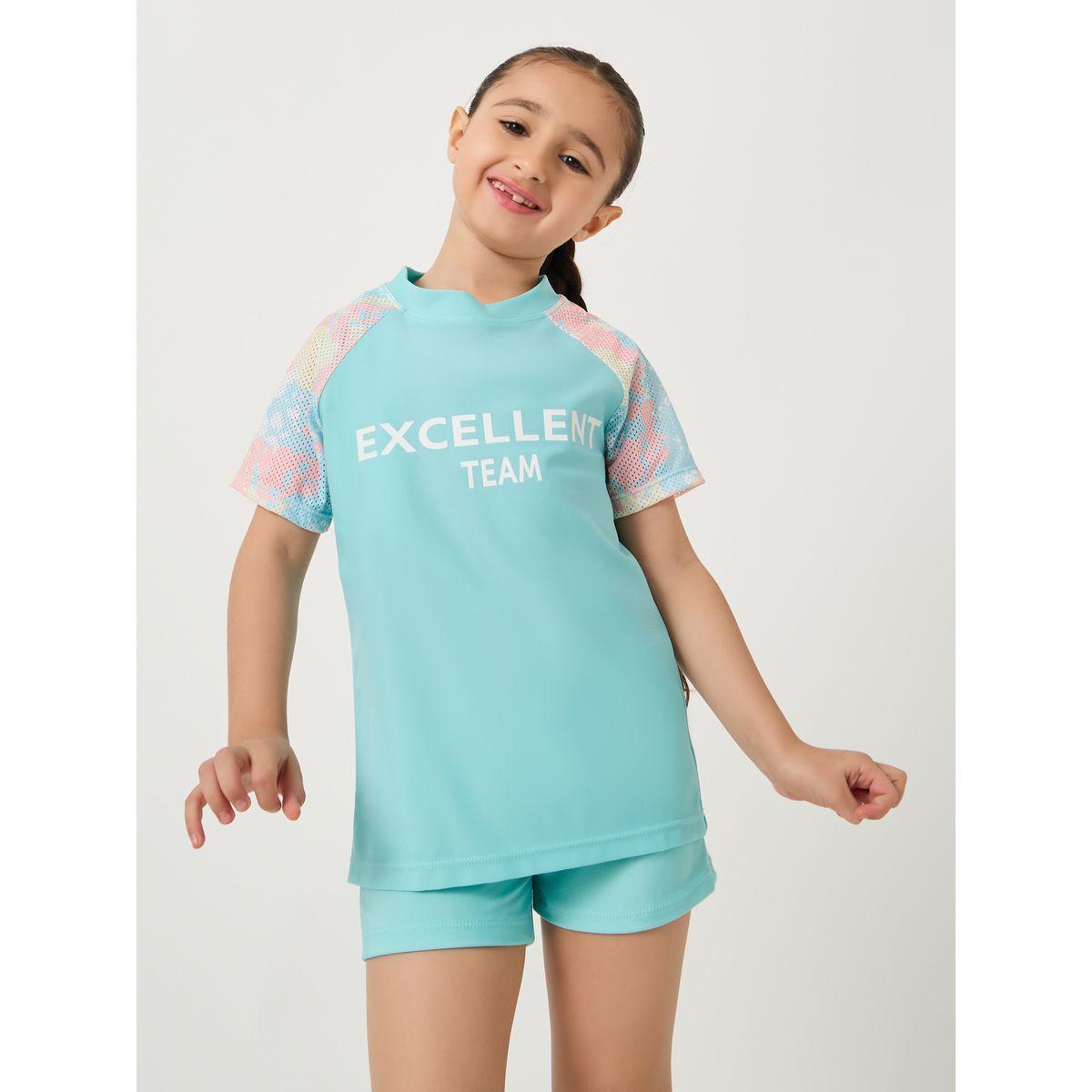 Styli Typography Print Short Sleeve Swimsuit with Cap-sports-gear-gym-image-1