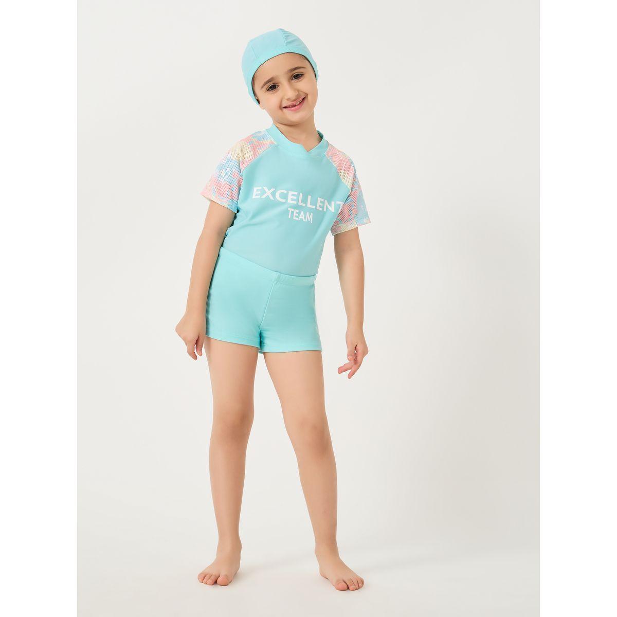 Styli Typography Print Short Sleeve Swimsuit with Cap-sports-gear-gym-image-2
