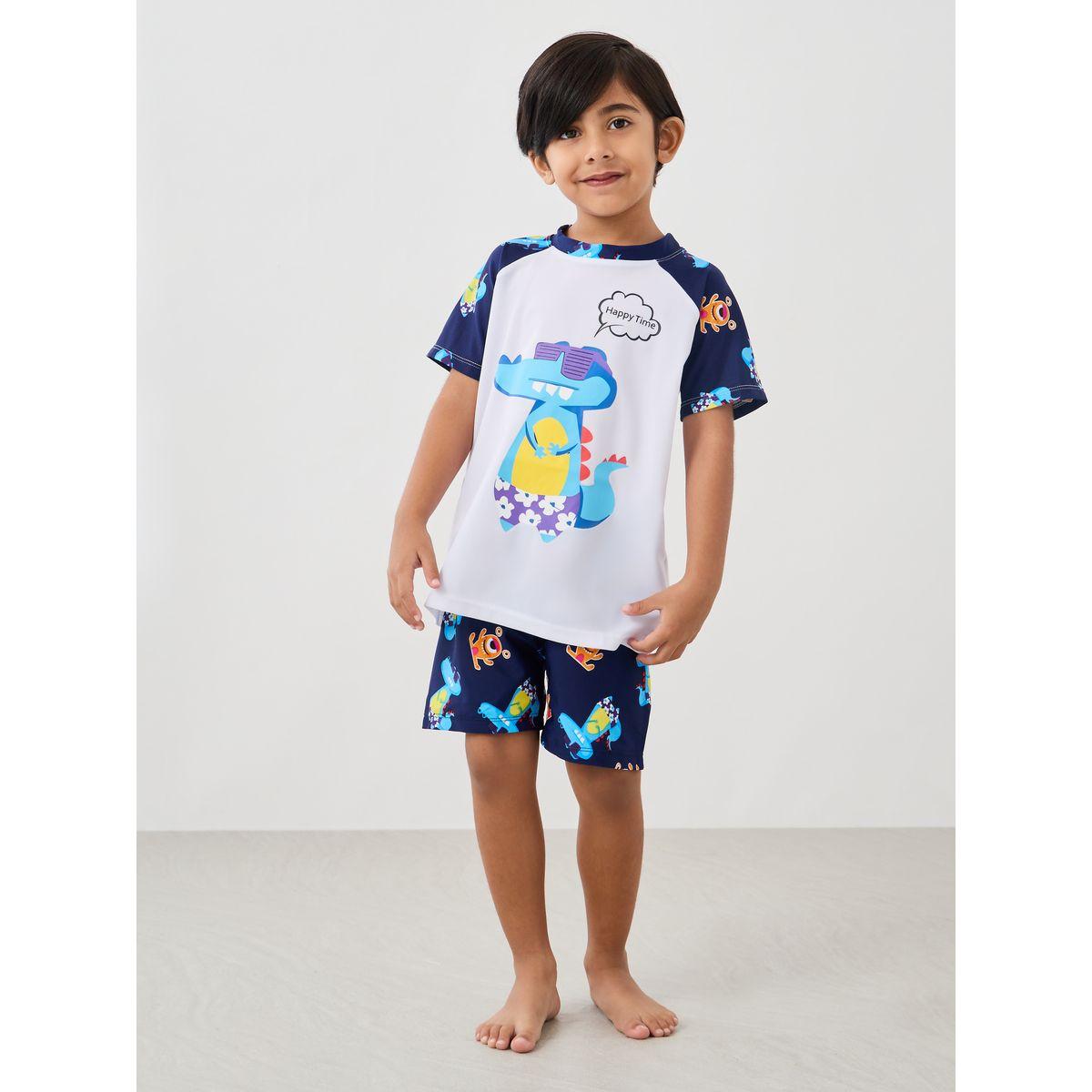 Styli Graphic Print Reglan Sleeve Swim T-Shirt with Shorts and Cap Set-boys-clothing-sportswear-sets-image-1