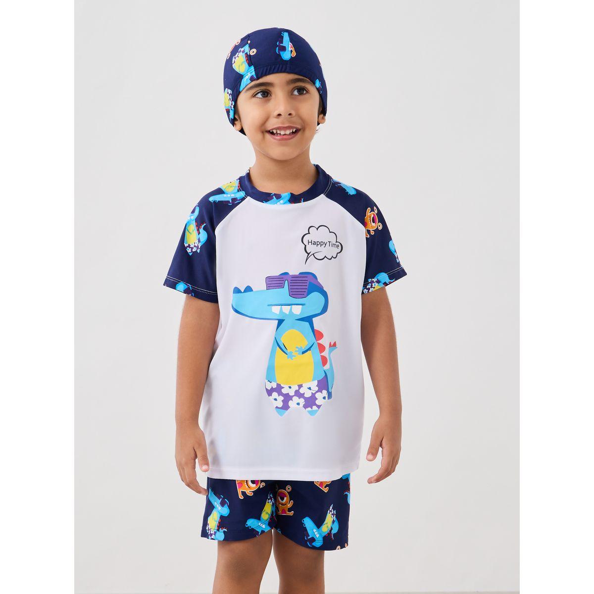 Styli Graphic Print Reglan Sleeve Swim T-Shirt with Shorts and Cap Set-boys-clothing-sportswear-sets-image-2