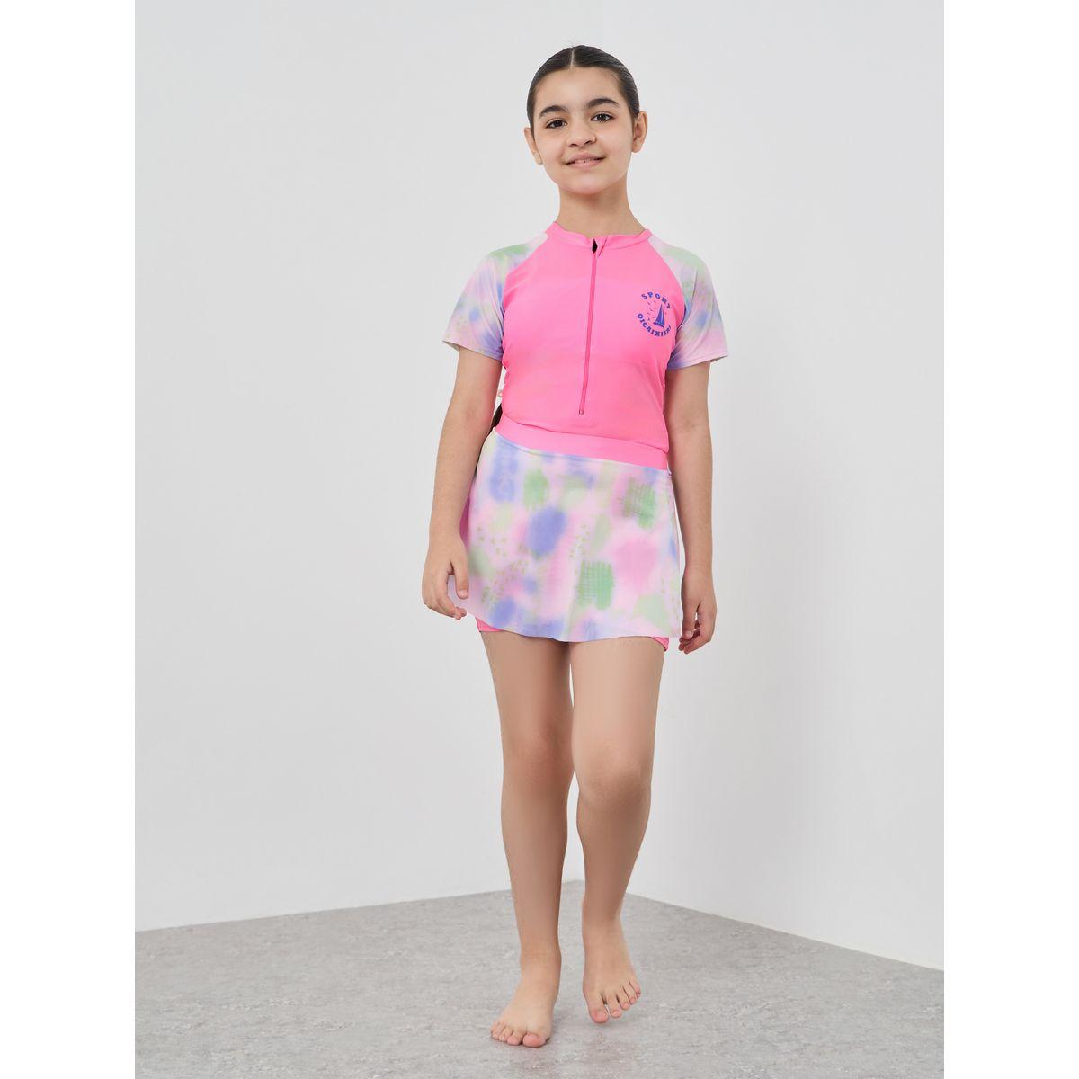 Styli Girls Pink Printed Raglan Sleeve Swimsuit-sports-girls-clothing-tops-image-1
