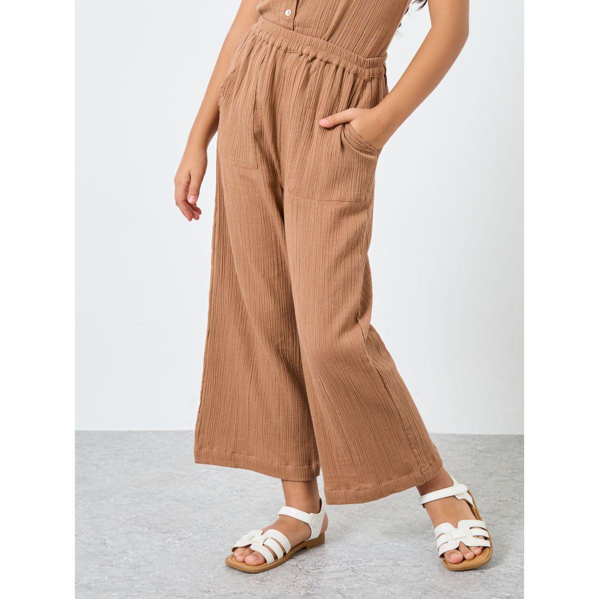 Styli Girls Brown Double Gauze Textured Pants-girls-clothing-bottoms-trousers-image-1