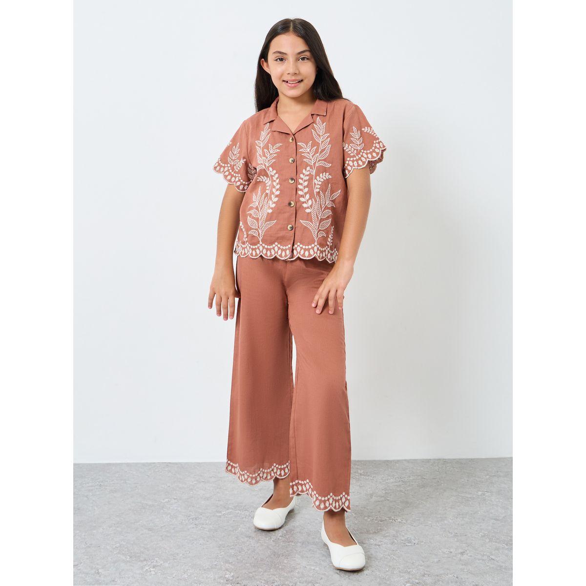 Styli Girls Rust Embroidered Hem Culottes-girls-clothing-bottoms-trousers-image-2