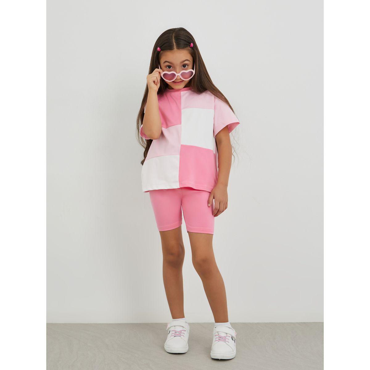Styli Girls Color Block Oversized T-Shirt and Shorts Set-girls-clothing-setsandcoords-image-1