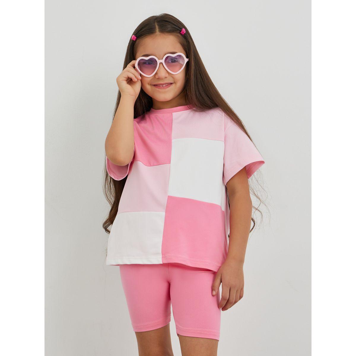 مجموعة من شورت وتيشيرت فضفاض بنمط كتل الالوان-girls-clothing-setsandcoords-image-2